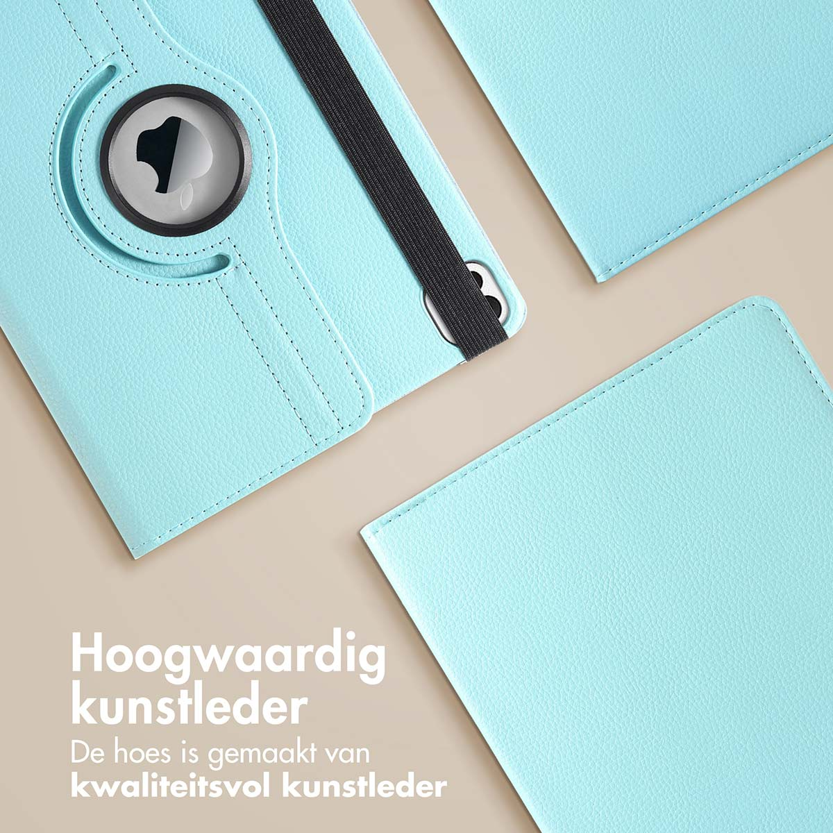 Blauwe leren hoes met tekst op een witte ondergrond.