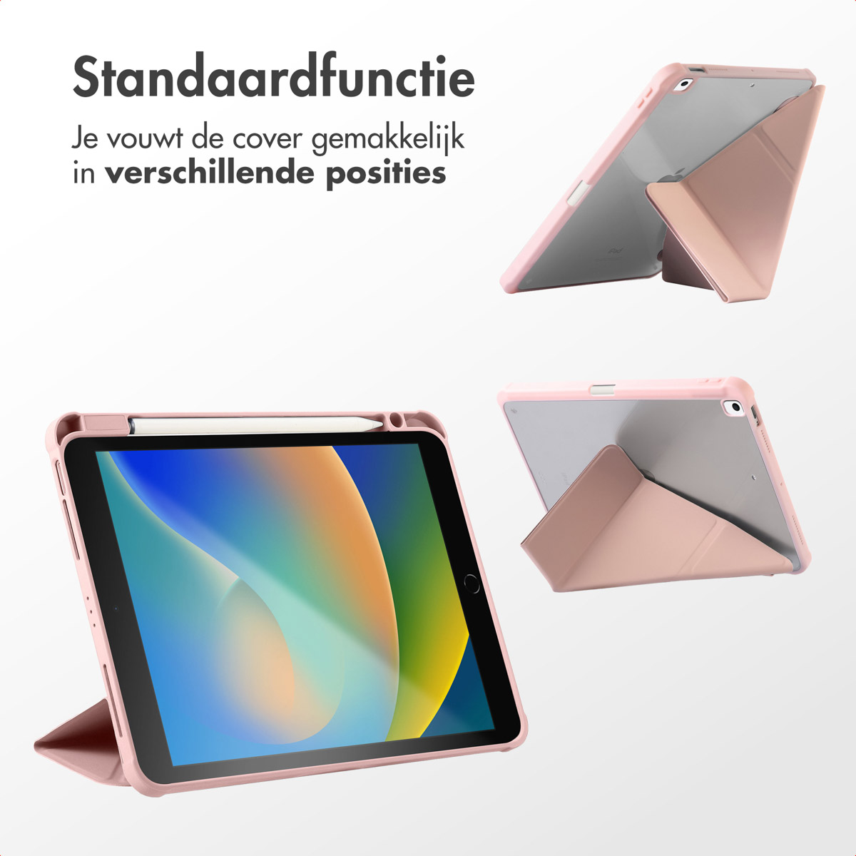 Étui de tablette rose dans plusieurs positions. La tablette est visible, pliée et en angle.