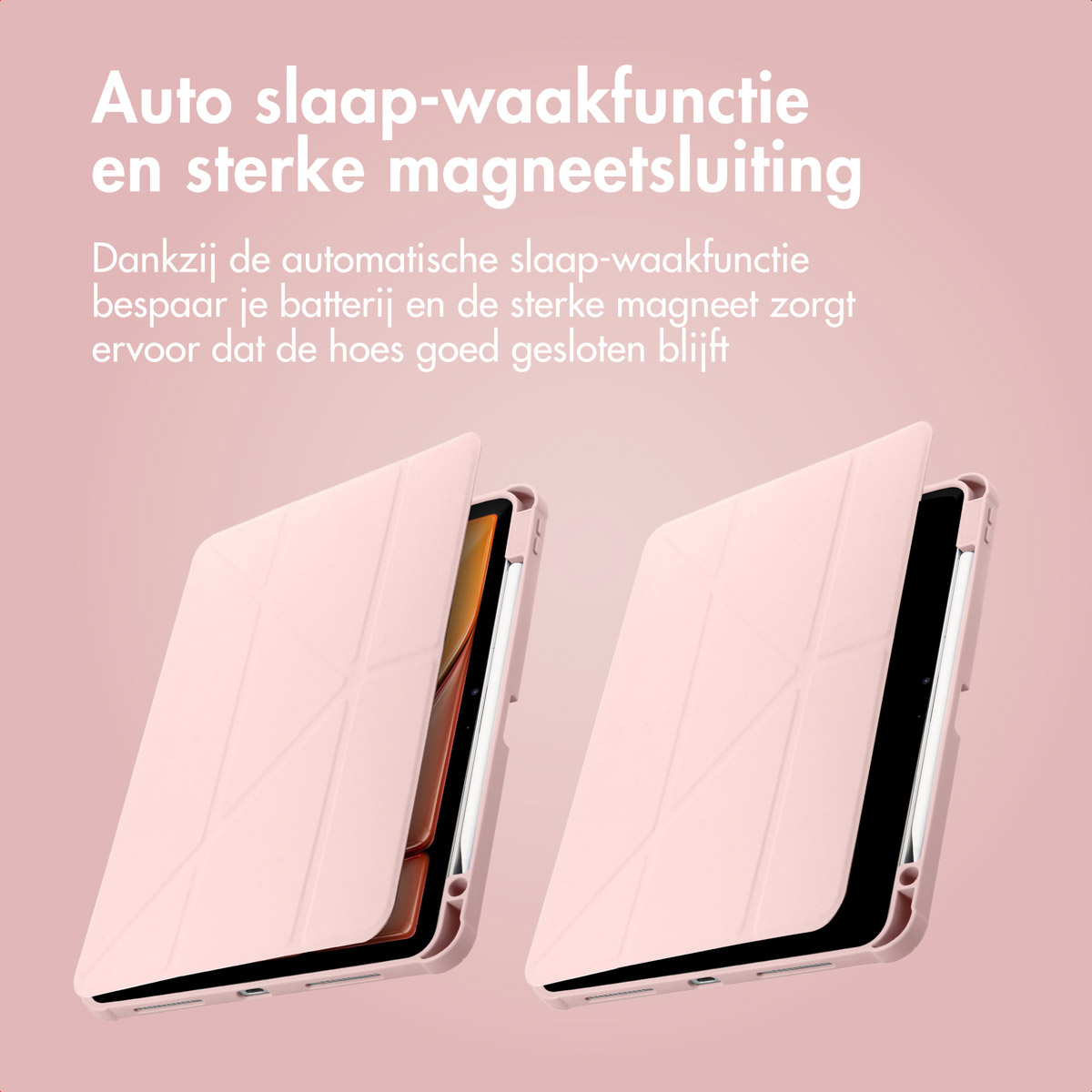 Deux étuis roses pour tablette. Texte en néerlandais. Les deux ouverts, montrant l'écran.