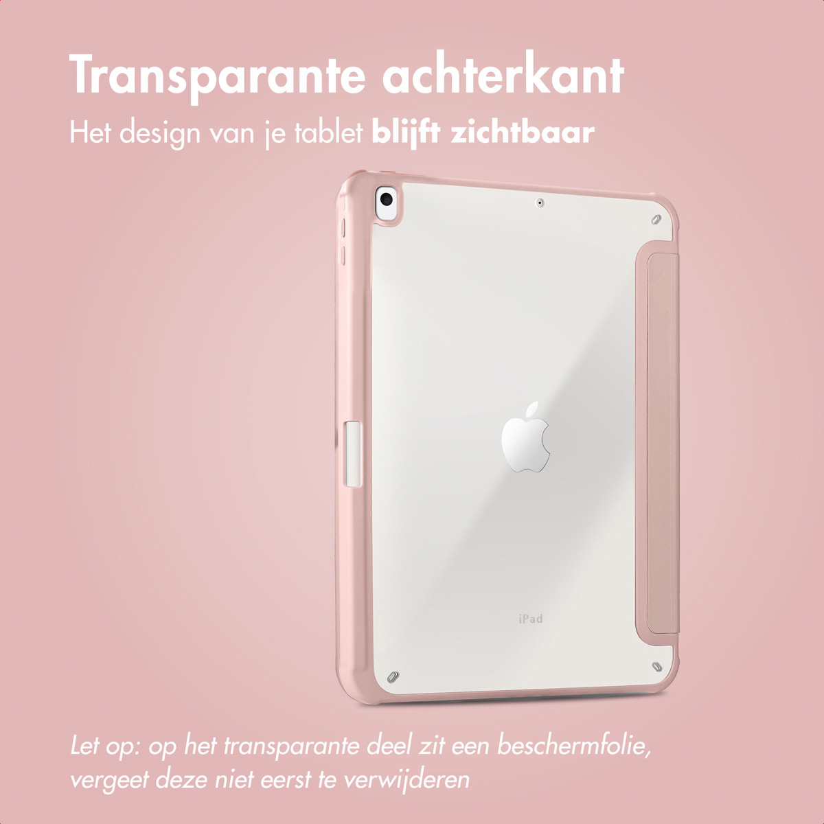 Étui de tablette rose avec dos transparent, montrant le design, sur fond rose.