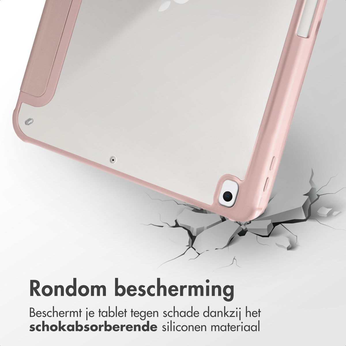 Étui de tablette rose sur une surface blanche, avec une fissure et du texte en dessous.