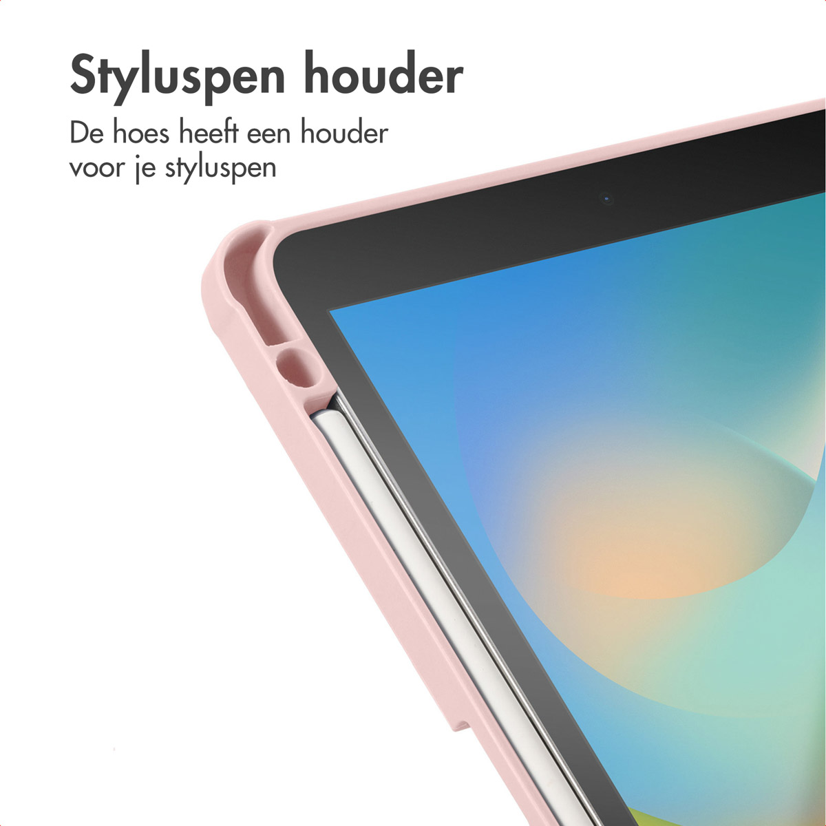 Étui de tablette rose avec un porte-stylet. Le stylo s'insère dans l'étui, près de l'écran.