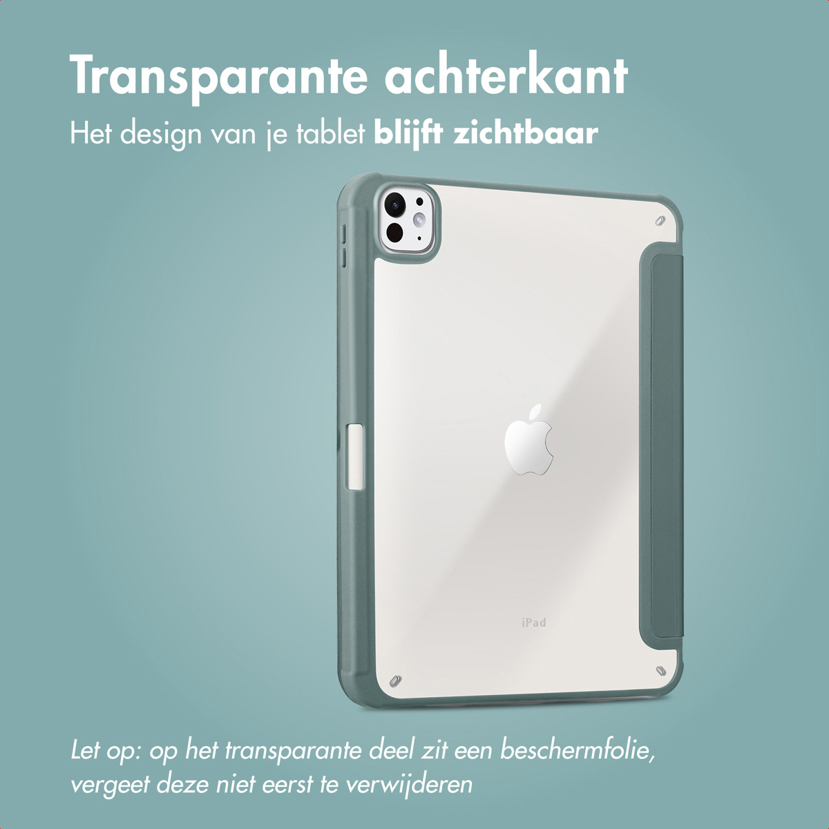 Tablethoesje met een transparante achterkant en een groene rand. Nederlandse tekst.