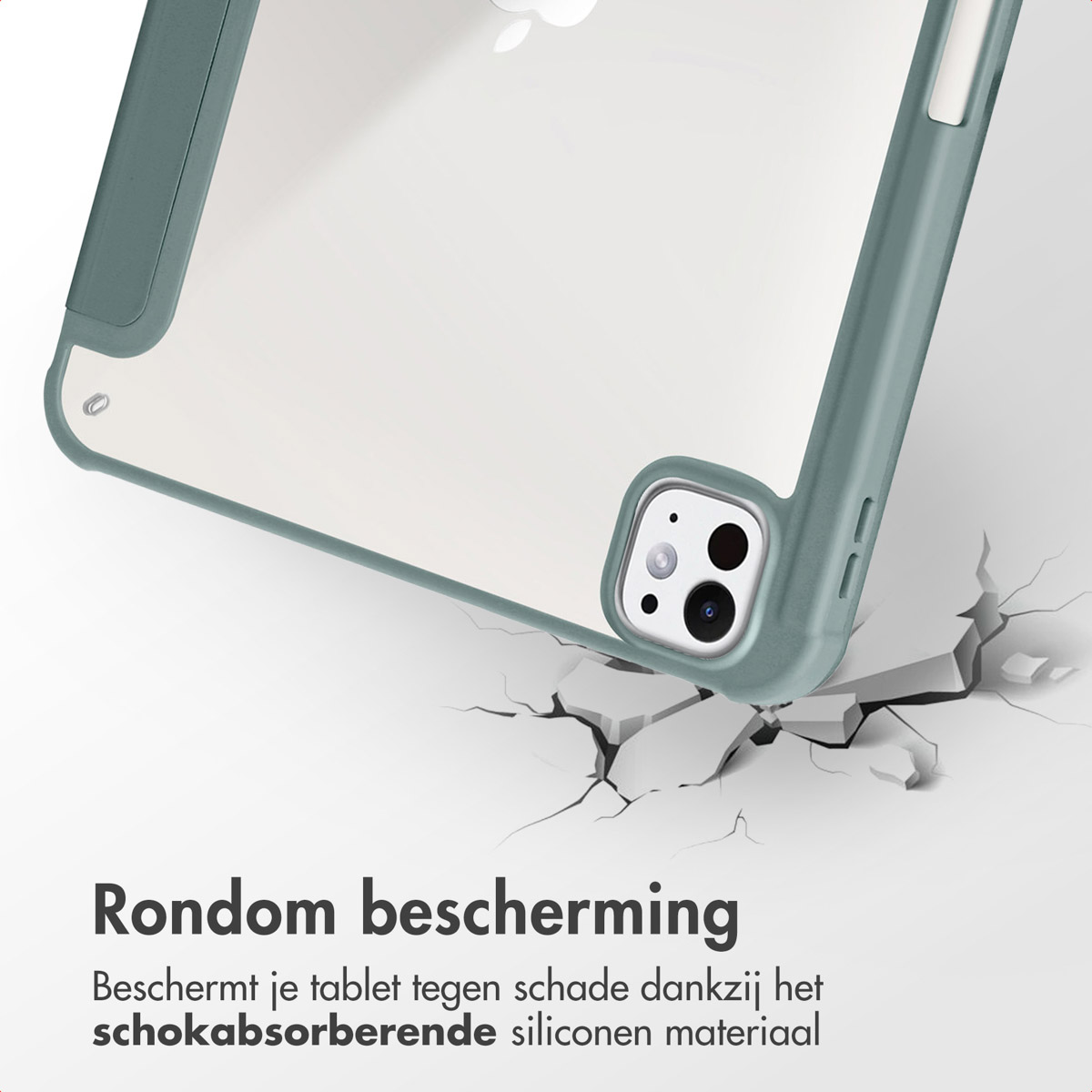 Groene tablethoes met doorzichtige achterkant, gebarsten grond effect. Tekst: Rondon bescherming.