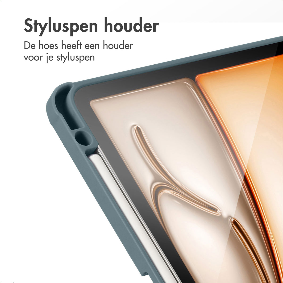 Close-up van tablethoes met stylus houder. Tekst: Styluspen houder.