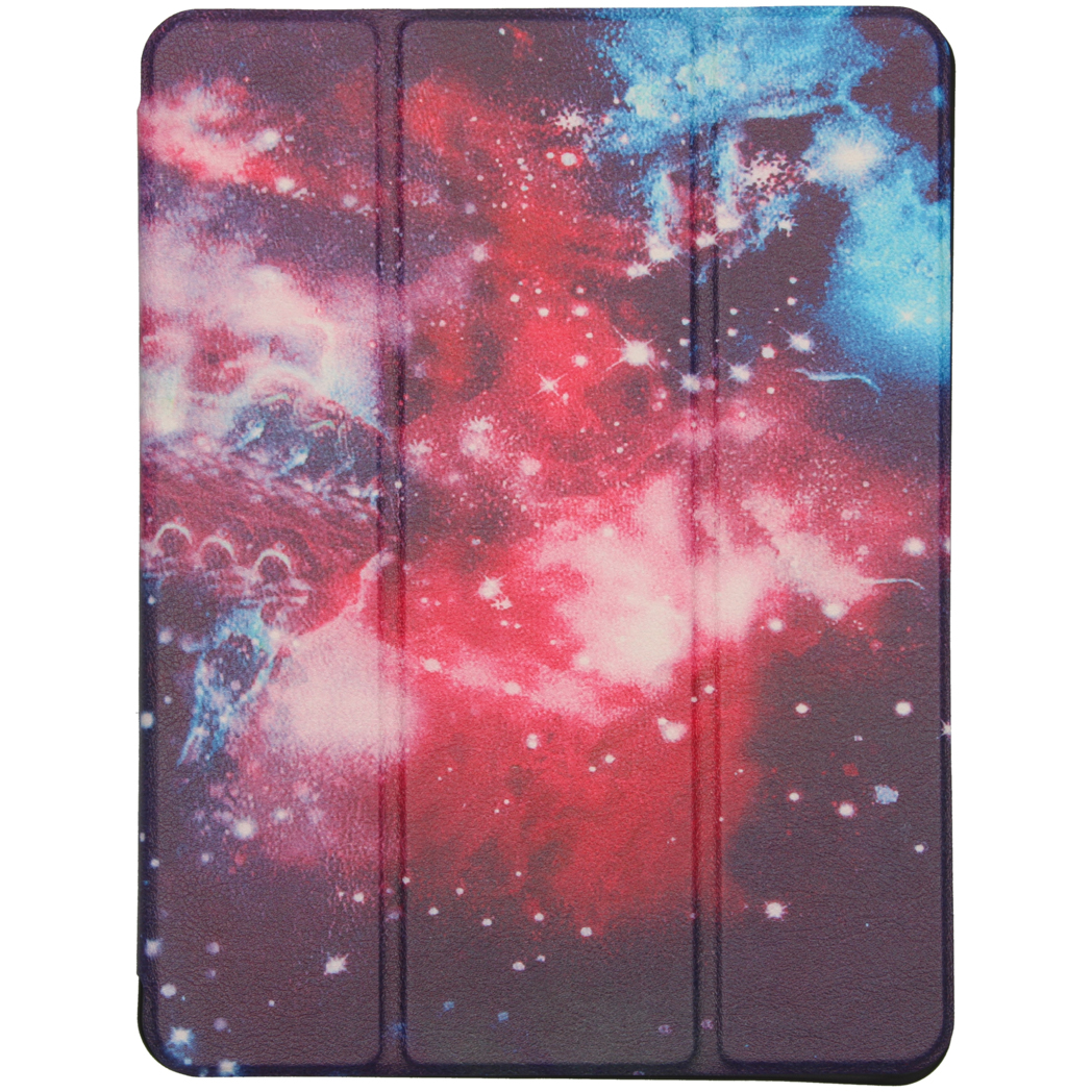 Tablethoes met een galaxy-achtig ontwerp. De hoes is gesloten, met een kleurrijk kosmisch patroon.