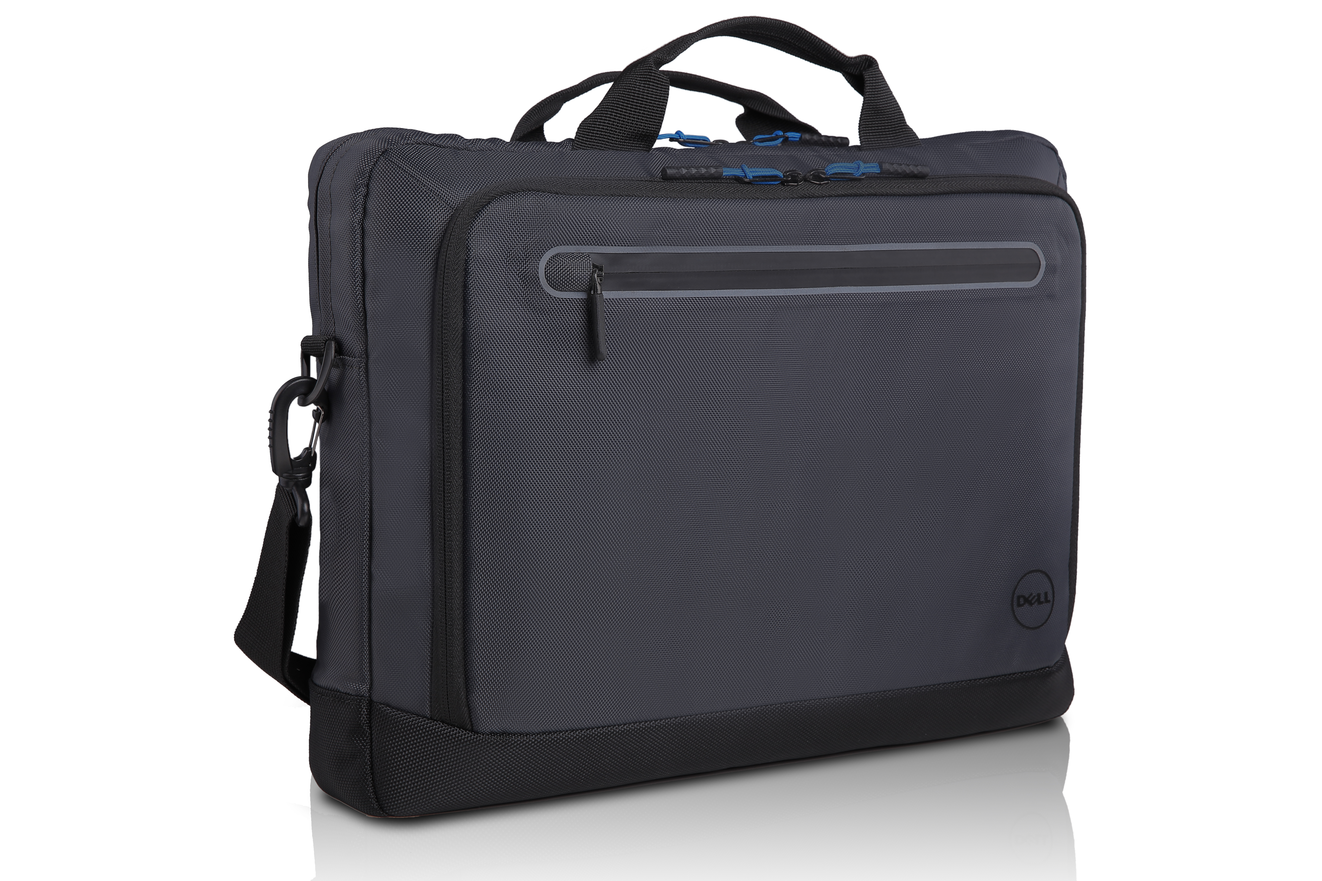 Borsa per laptop Dell grigio scuro con dettagli neri. Tasca frontale con zip.