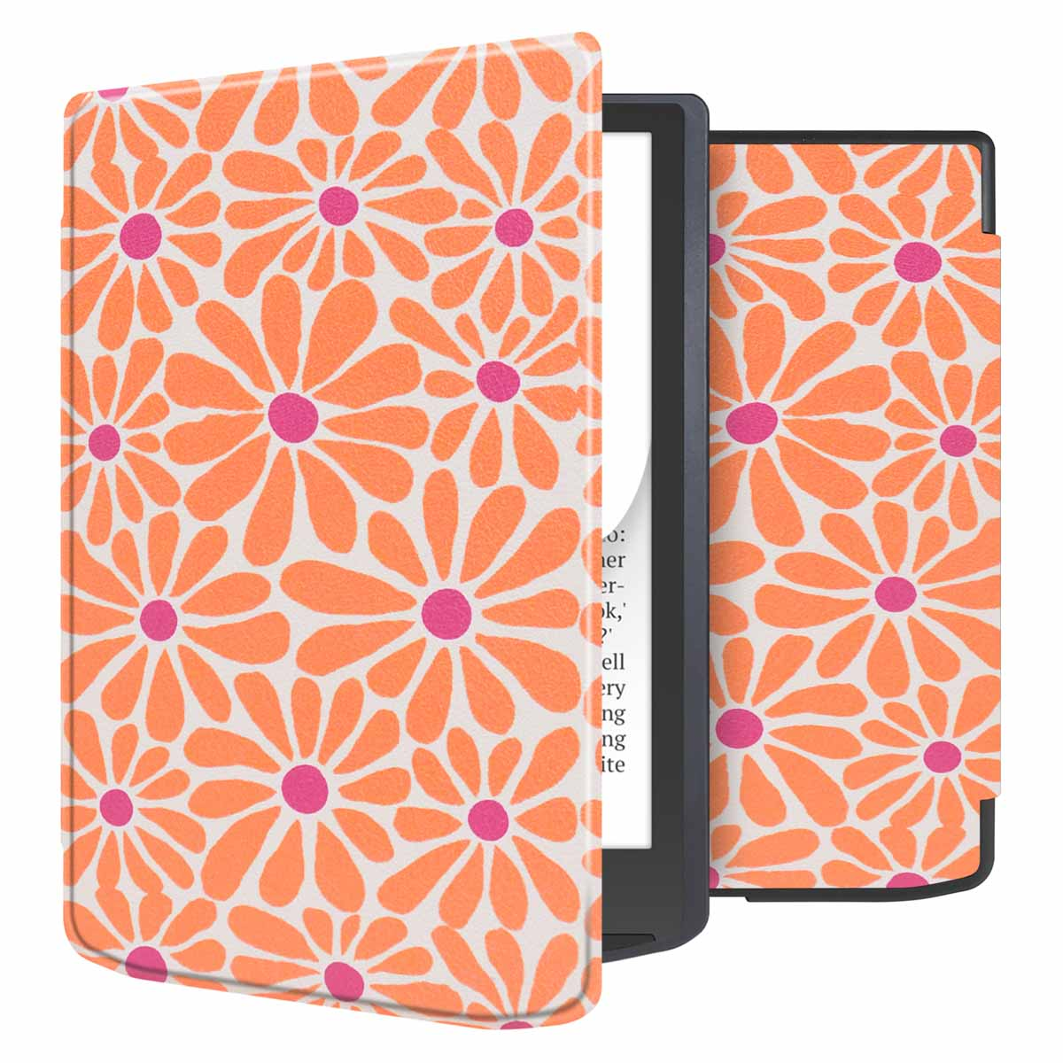 E-reader hoes met bloemenpatroon, open en dicht. Tekst: Sterke magnetische sluiting.