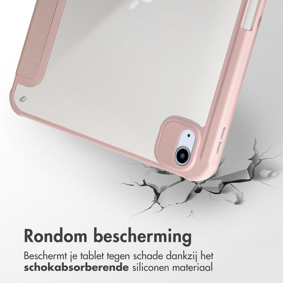Pink tablet case, clear back, close up shot, with cracks in the surface below.