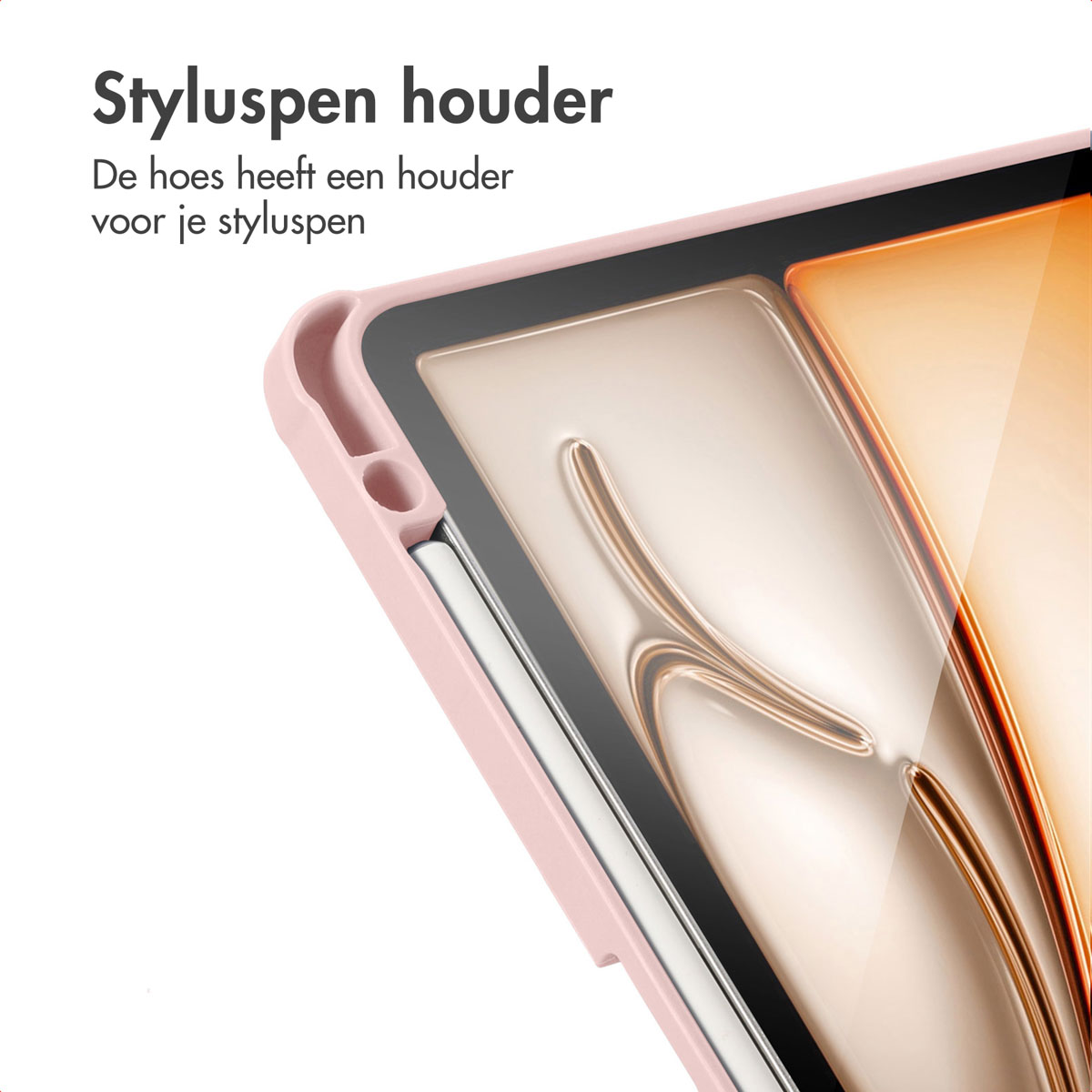 Pink tablet case with a stylus holder. A stylus pen is inserted. The screen is visible.