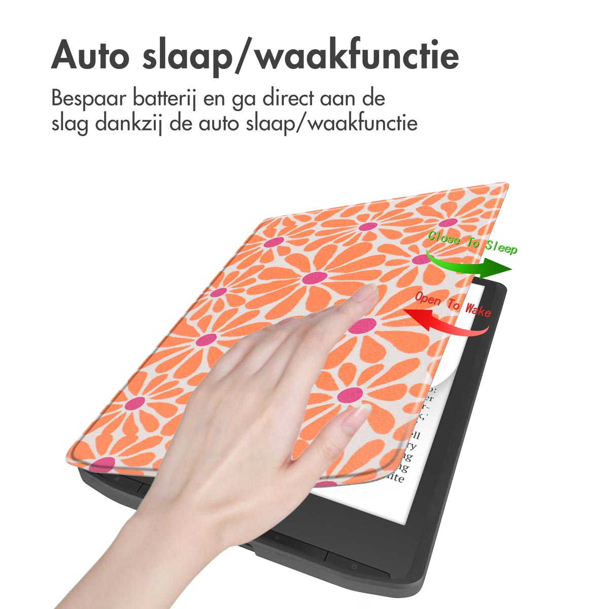 Een e-reader met een bloemenhoes. Een hand opent de hoes. Tekst en pijlen zijn zichtbaar op de hoes.