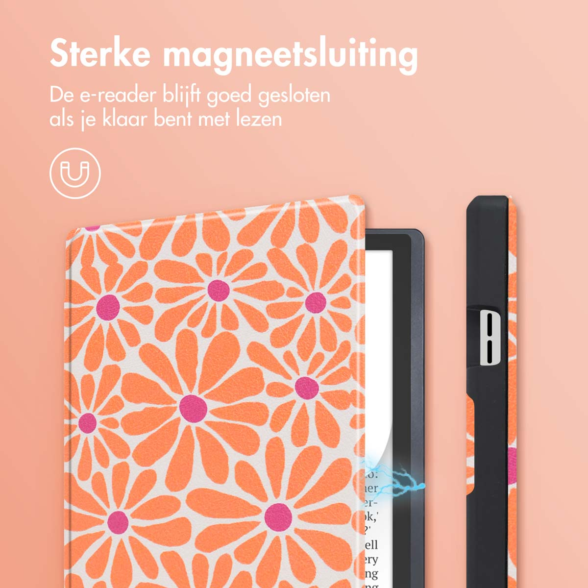 E-reader hoes met bloemenpatroon, open. Tekst: Sterke magnetische sluiting.