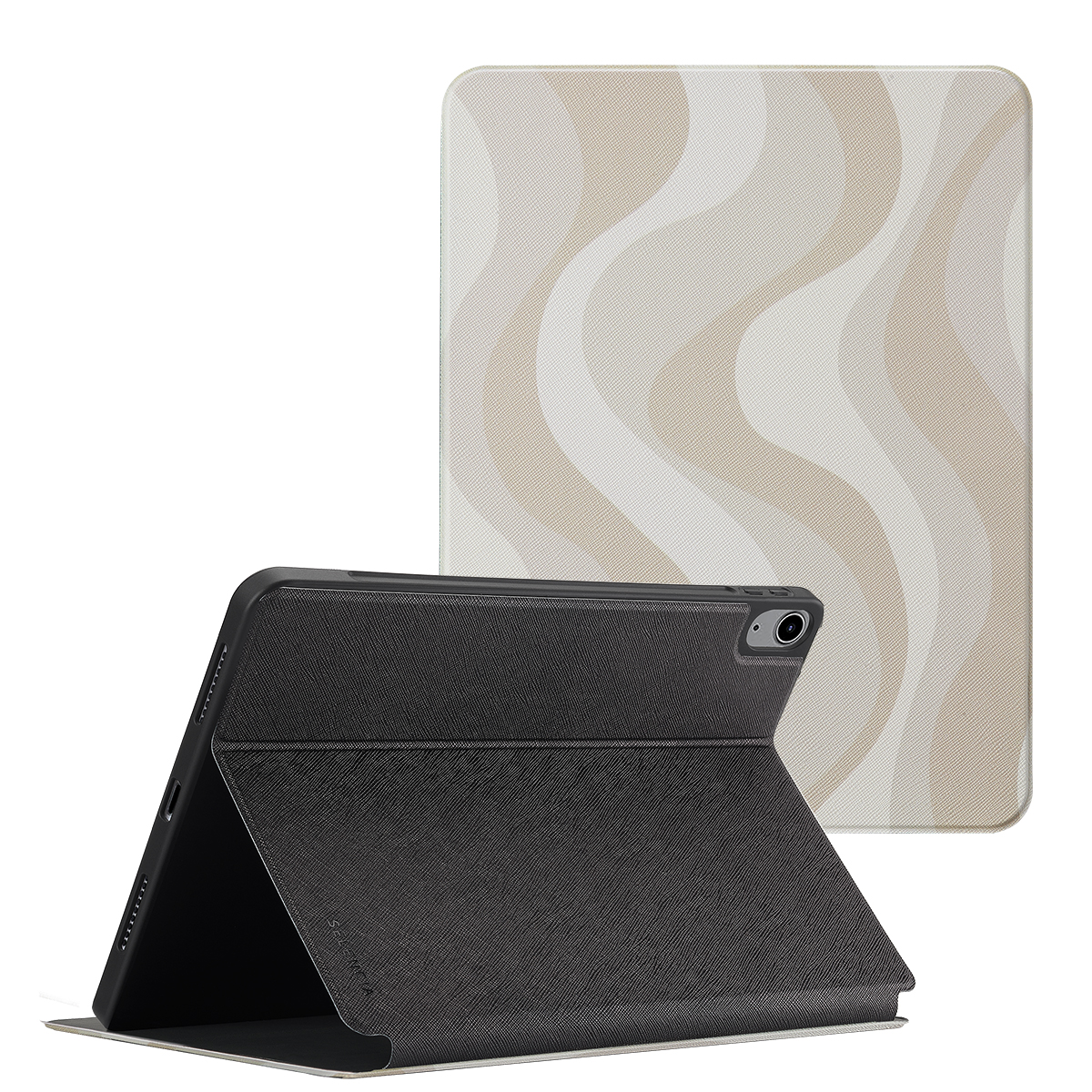 Tablet in a dark grey case, with the cover open to show the screen. The cover has a beige wave pattern.