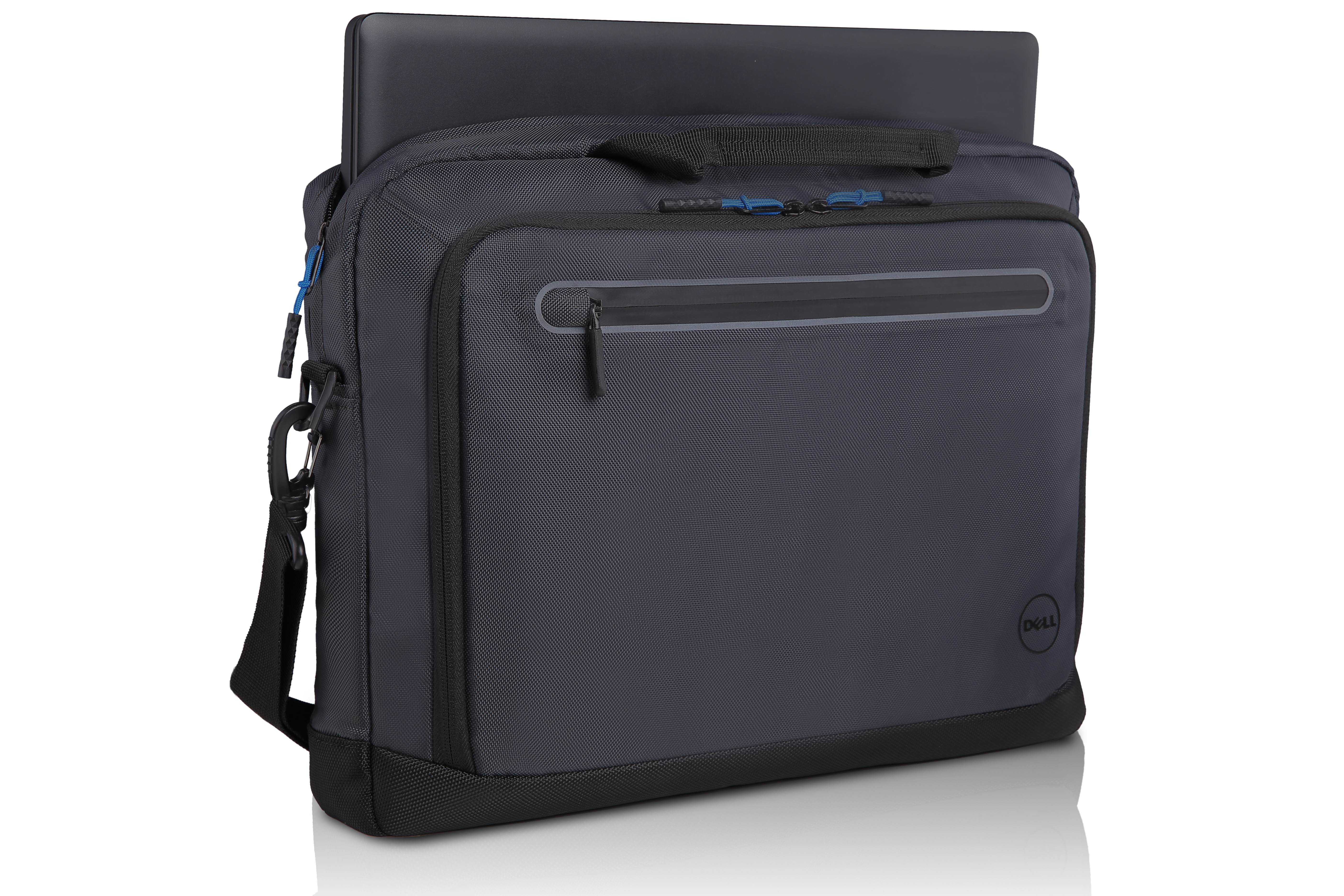 Borsa nera per laptop Dell con laptop. Maniglia, tracolla e tasca.