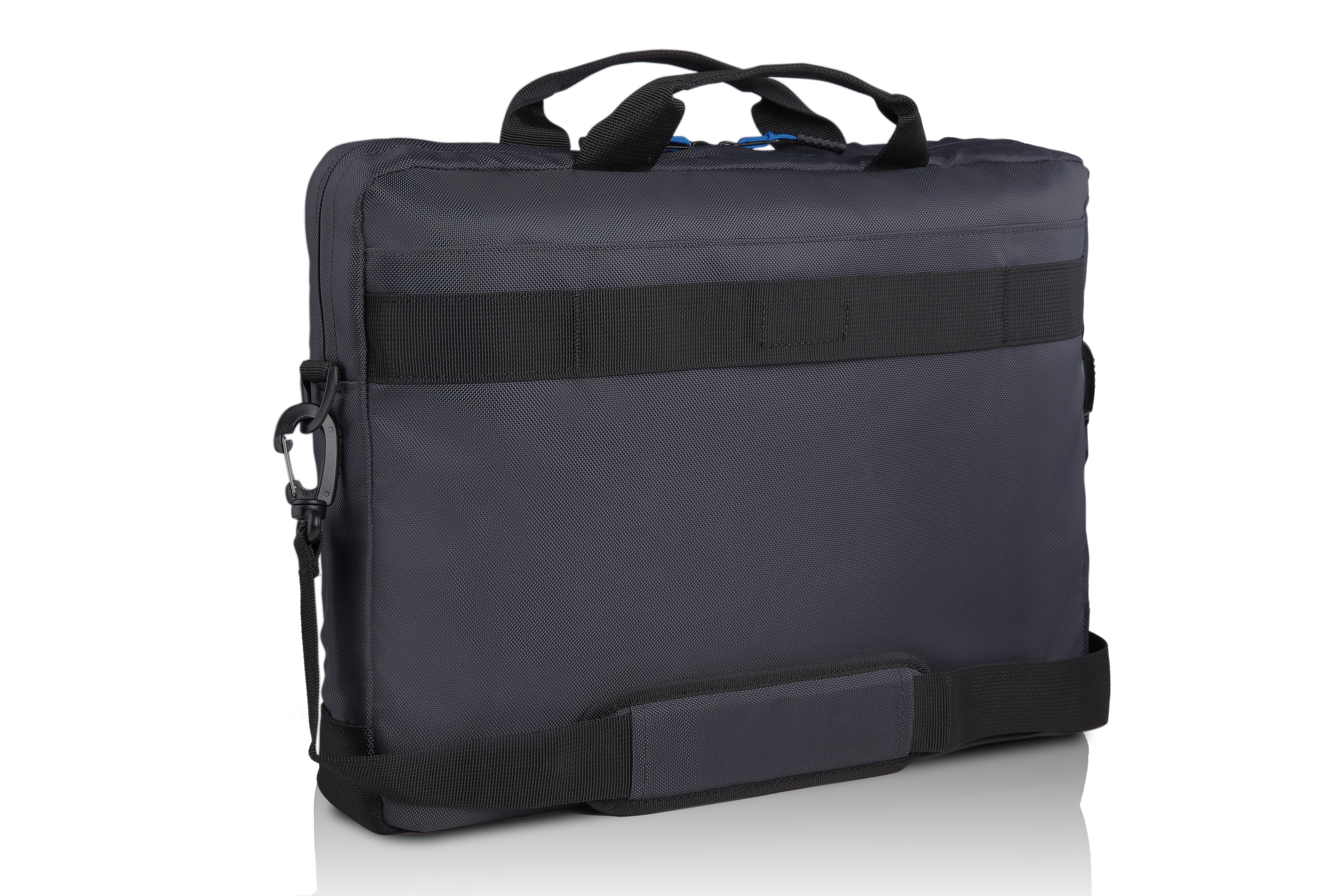 Retro della borsa per laptop Dell nera. Maniglia, tracolla e cinghia per bagagli.