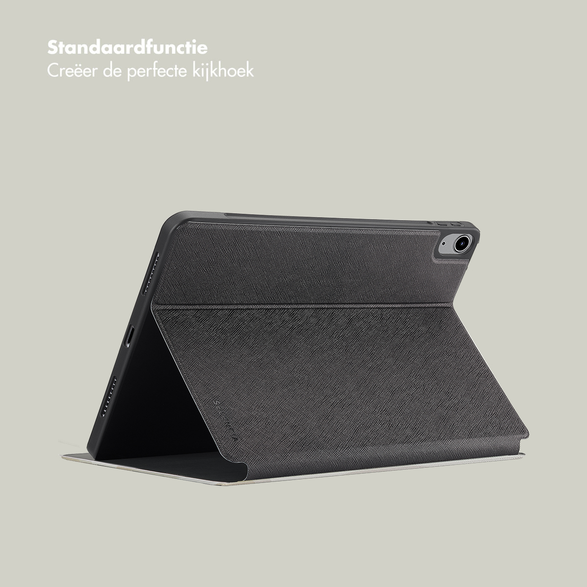 Tablet case with the cover partially open. The cover is dark grey, and the tablet is in a dark grey case.