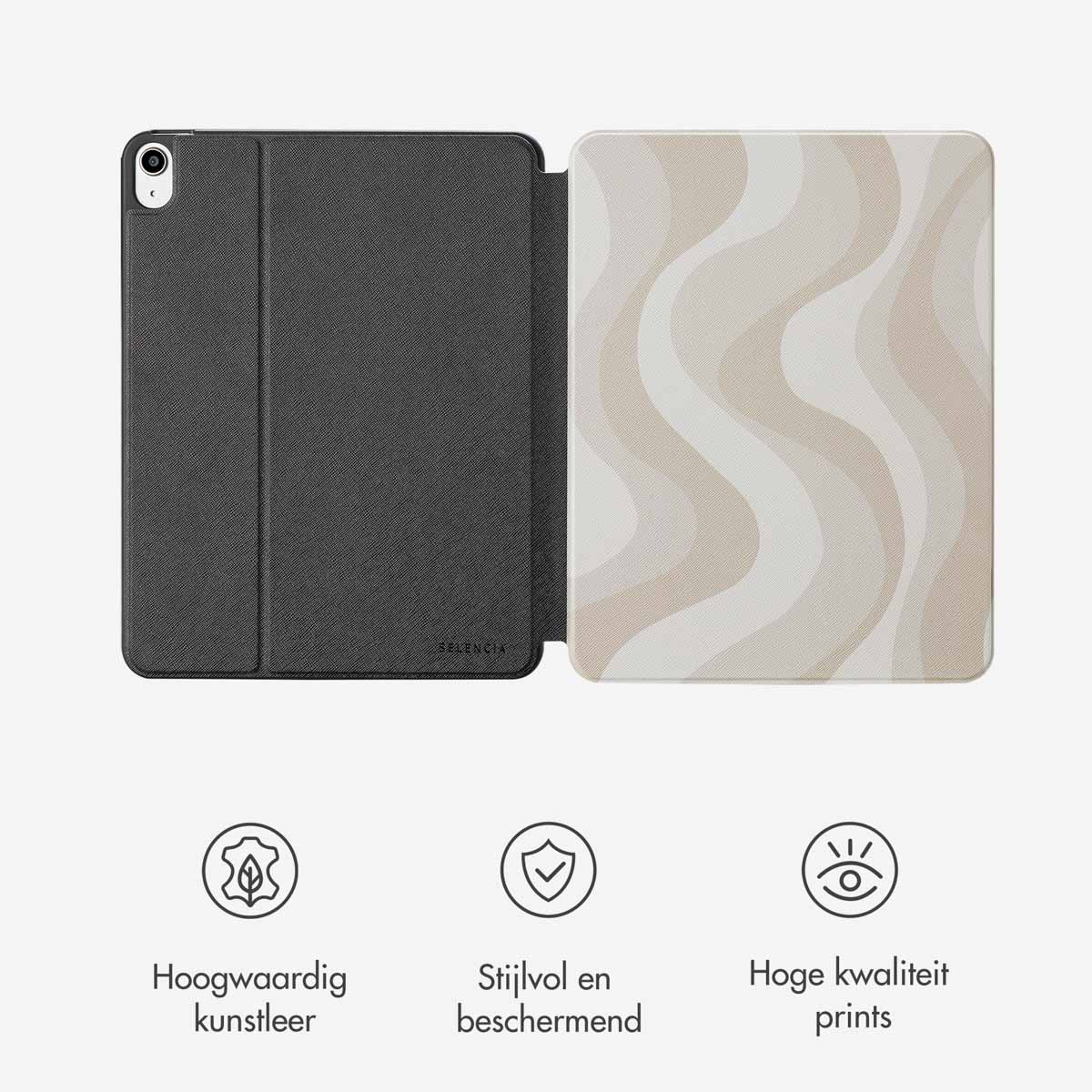 Tablet case with a black cover and beige wave pattern. Icons indicate quality, style, and high print quality.