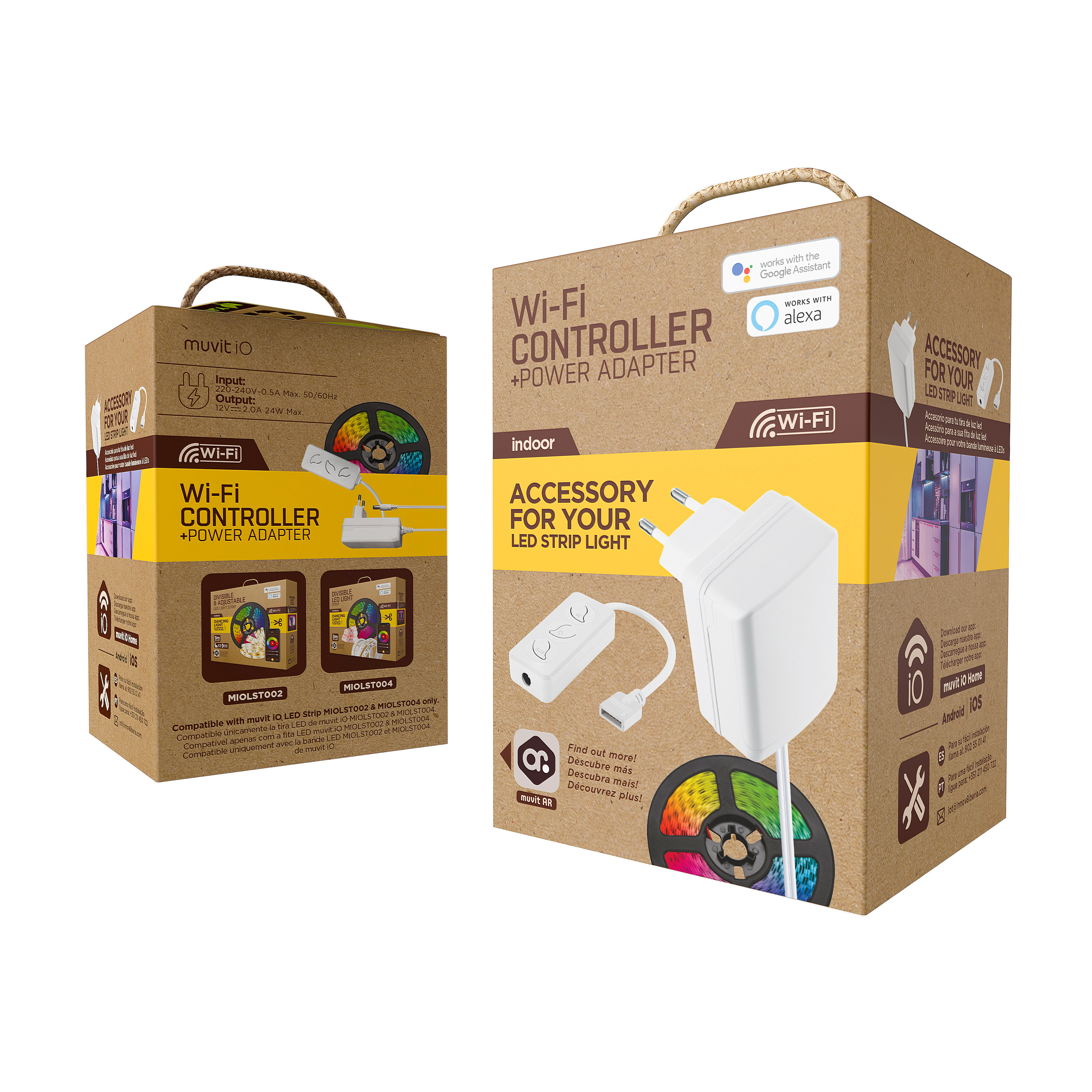 Dos cajas de cartón para tiras de luces LED. Una muestra la tira de luz. La otra tiene un adaptador de corriente.