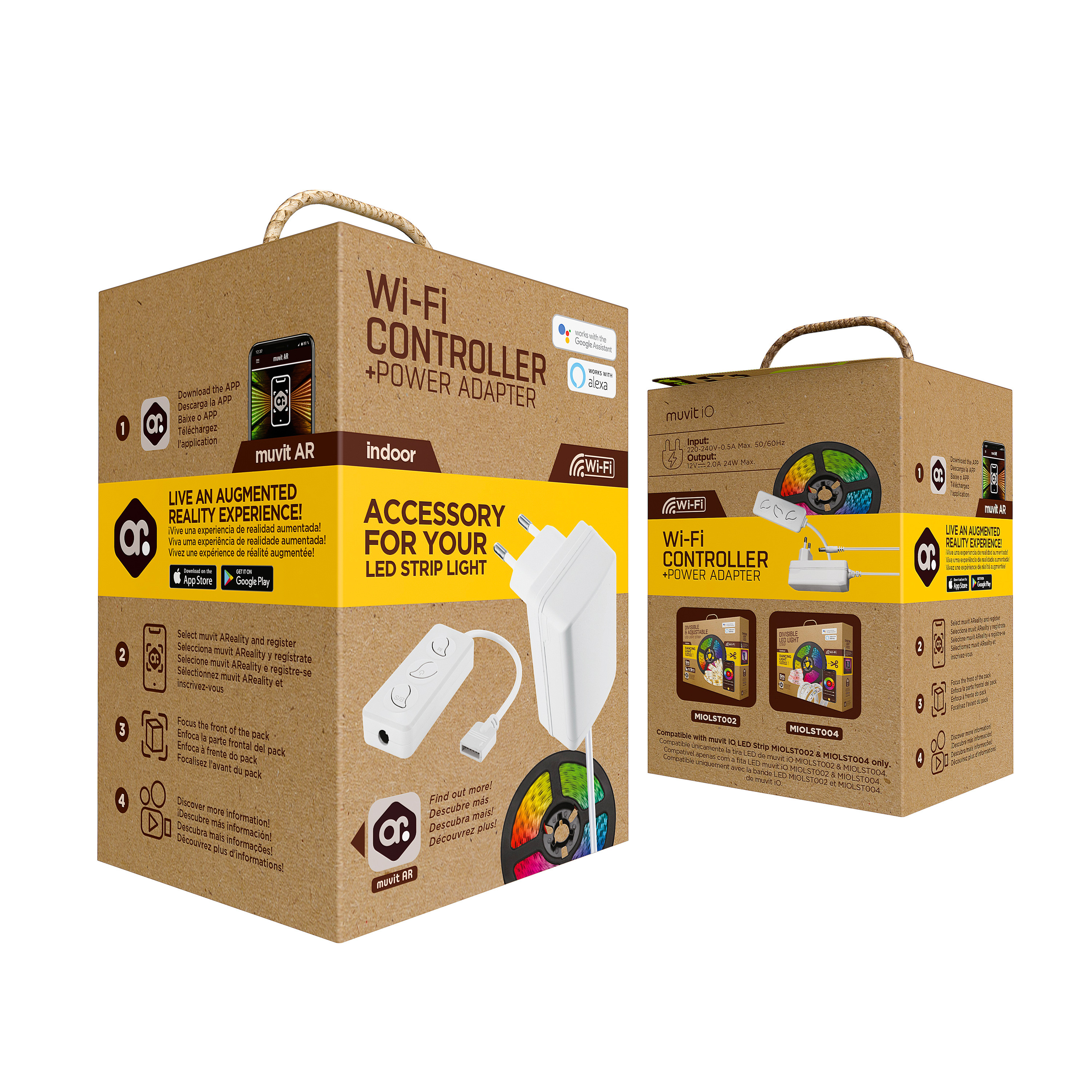 Dos cajas de cartón con información del producto. Accesorio para tira de luces LED, con controlador Wi-Fi y adaptador.
