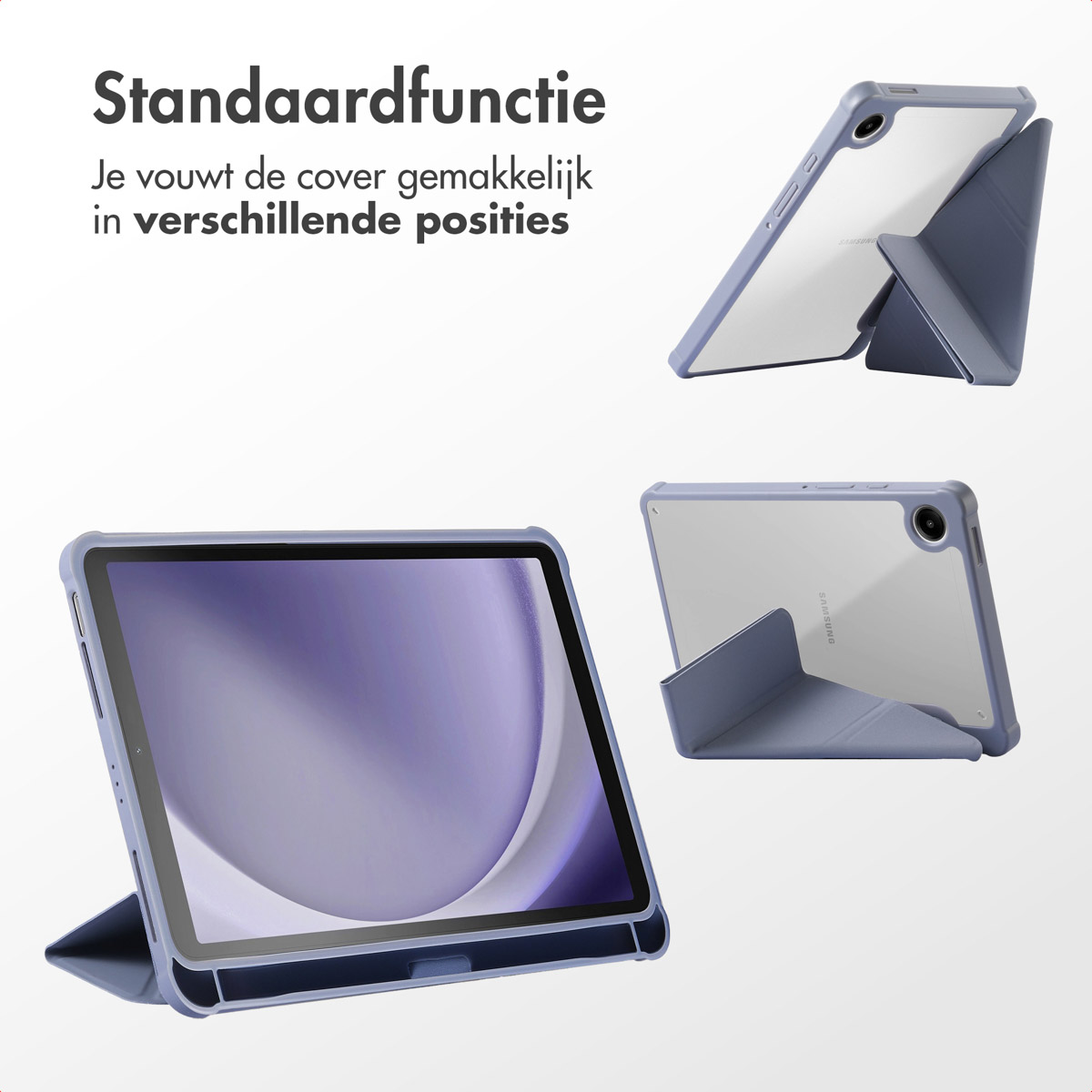 Tablette dans un étui bleu clair, en trois positions. Le couvercle se plie en un support pour la tablette.