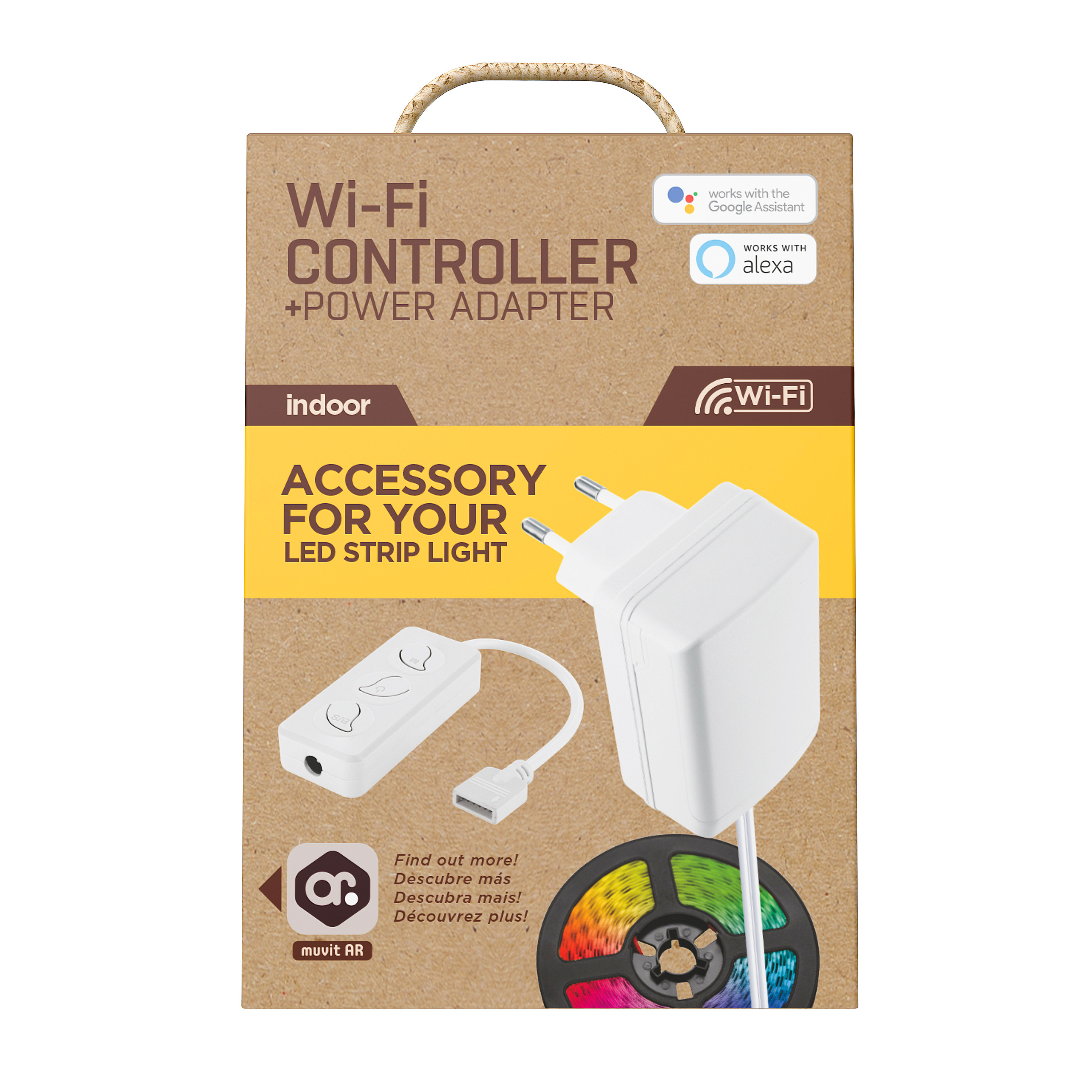 Caja muestra un controlador Wi-Fi y adaptador de corriente para tiras LED.