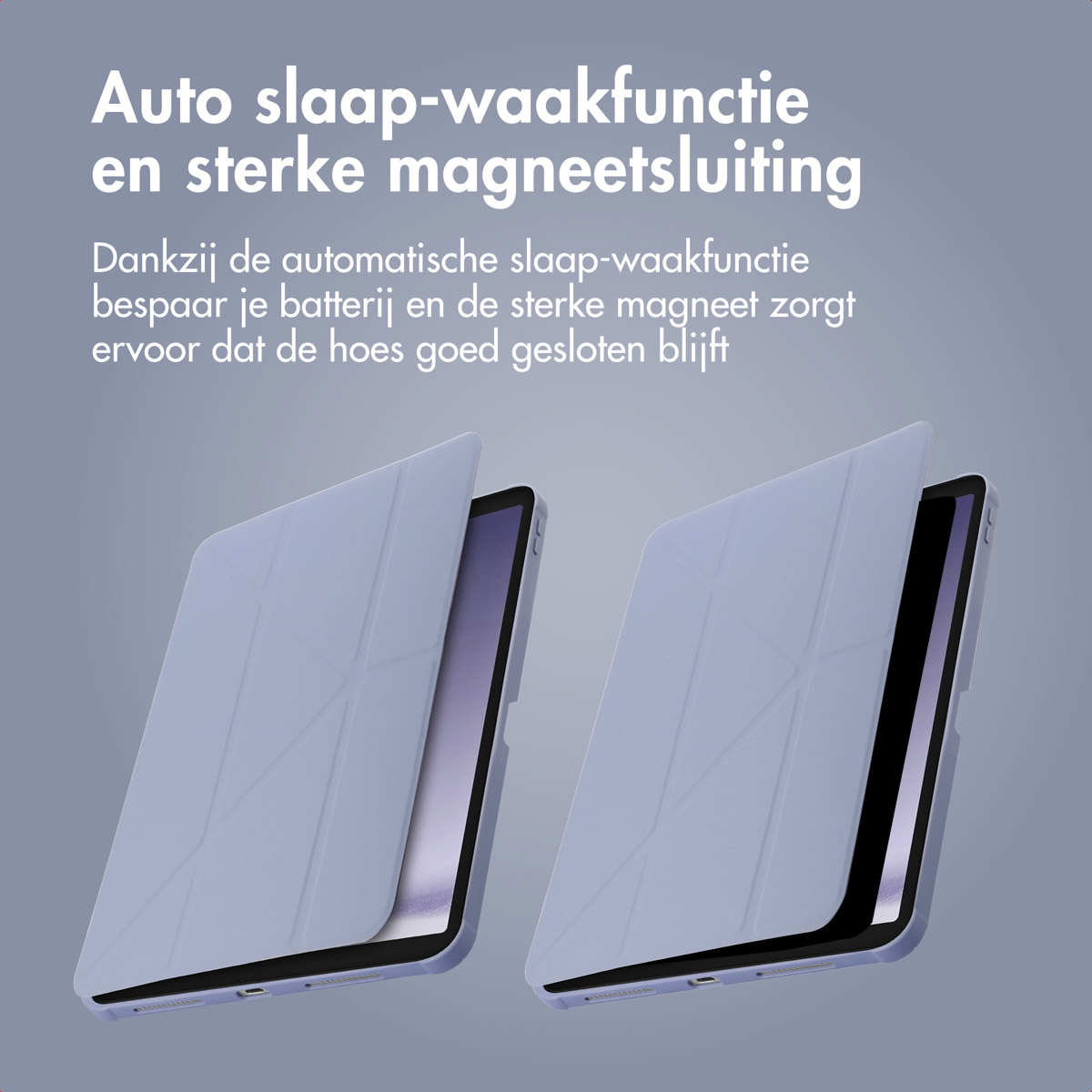 Two light purple tablet cases. Text in Dutch: auto sleep-wake function and strong magnetic closure.