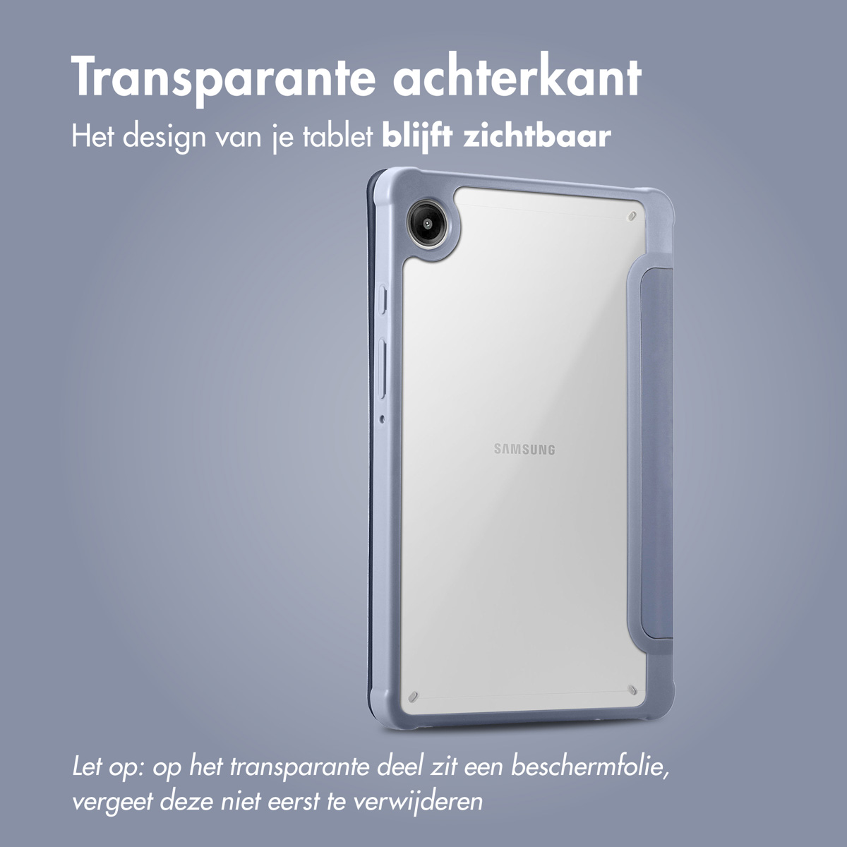 Tablette avec étui bleu clair. Le dos est transparent, montrant la tablette. Il y a un film protecteur.
