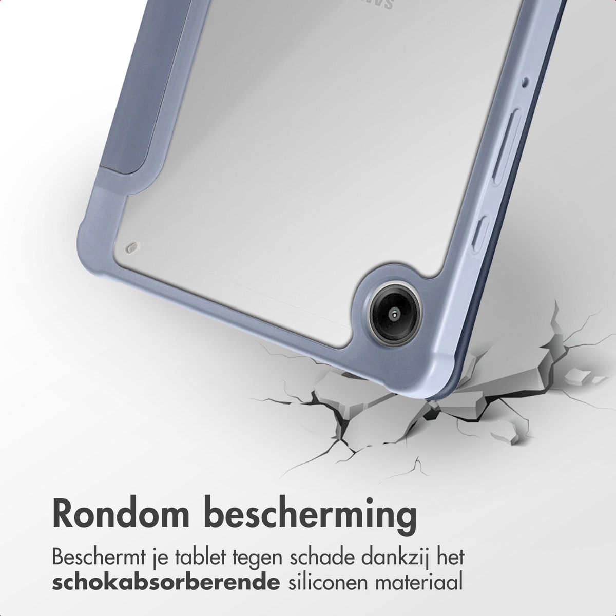 Blue phone case on a cracked surface, showing protection. Text in Dutch.