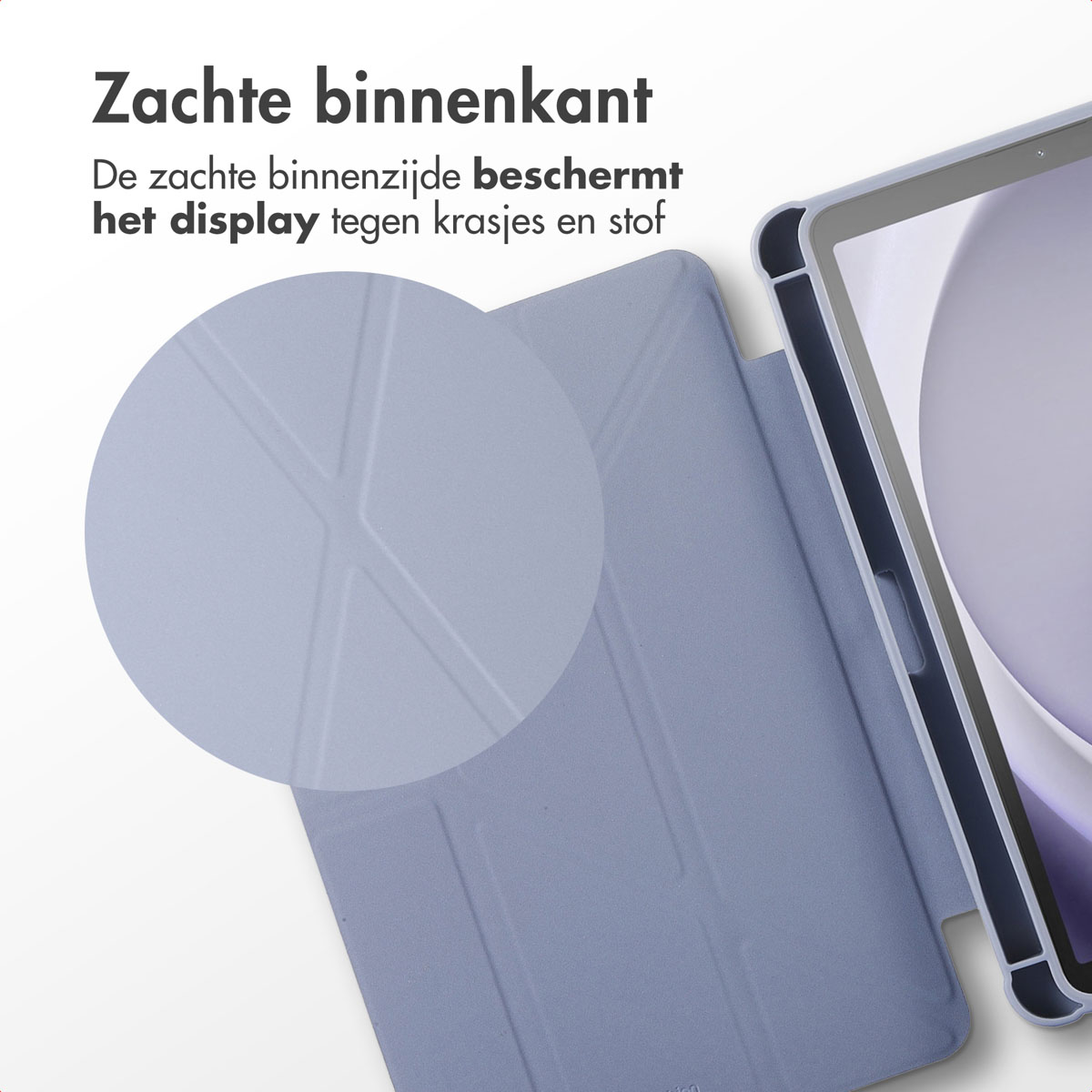 Un étui pour tablette, avec un gros plan de l'intérieur, montrant une matière douce.