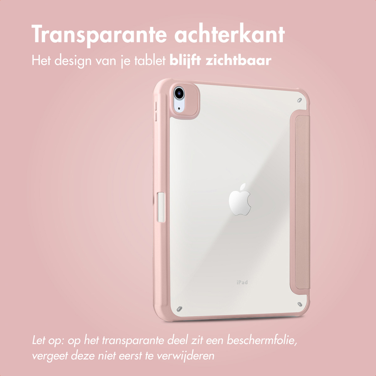 Een iPad-hoesje met een roze frame en een transparante achterkant, op een roze achtergrond.
