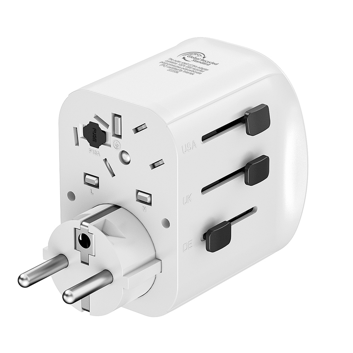 Adaptador de viaje universal blanco con múltiples tipos de enchufe y un deslizador negro.