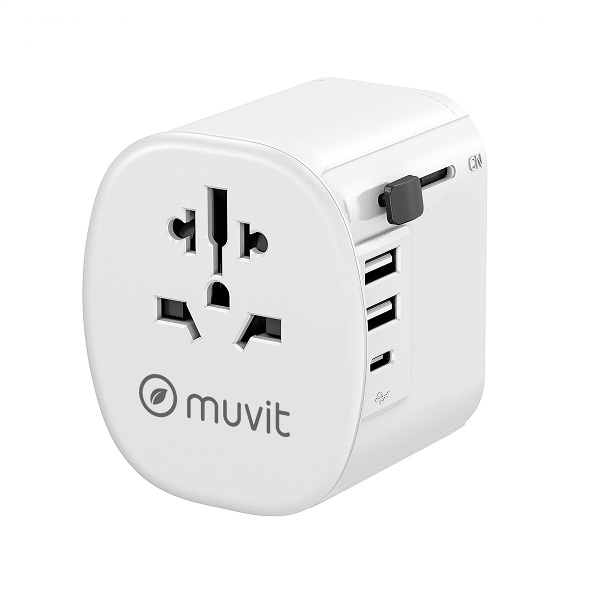 Adaptador de viaje blanco con múltiples tipos de enchufe y tres puertos USB.