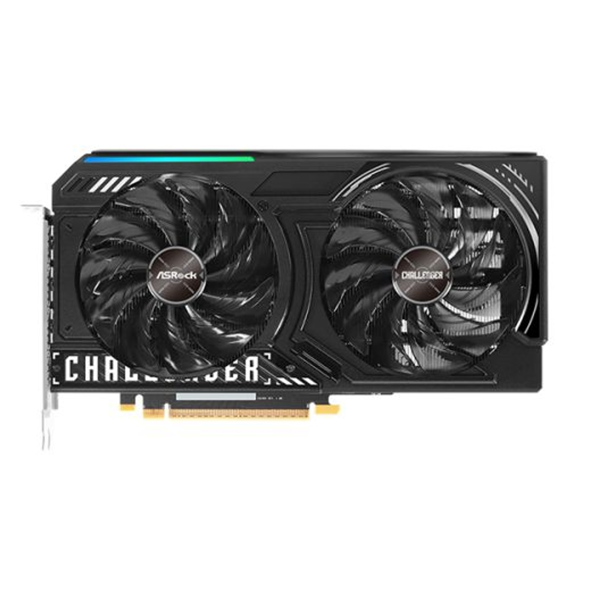 Czarno-szara karta graficzna z dwoma wentylatorami, widoczna nazwa marki 'ASRock'.