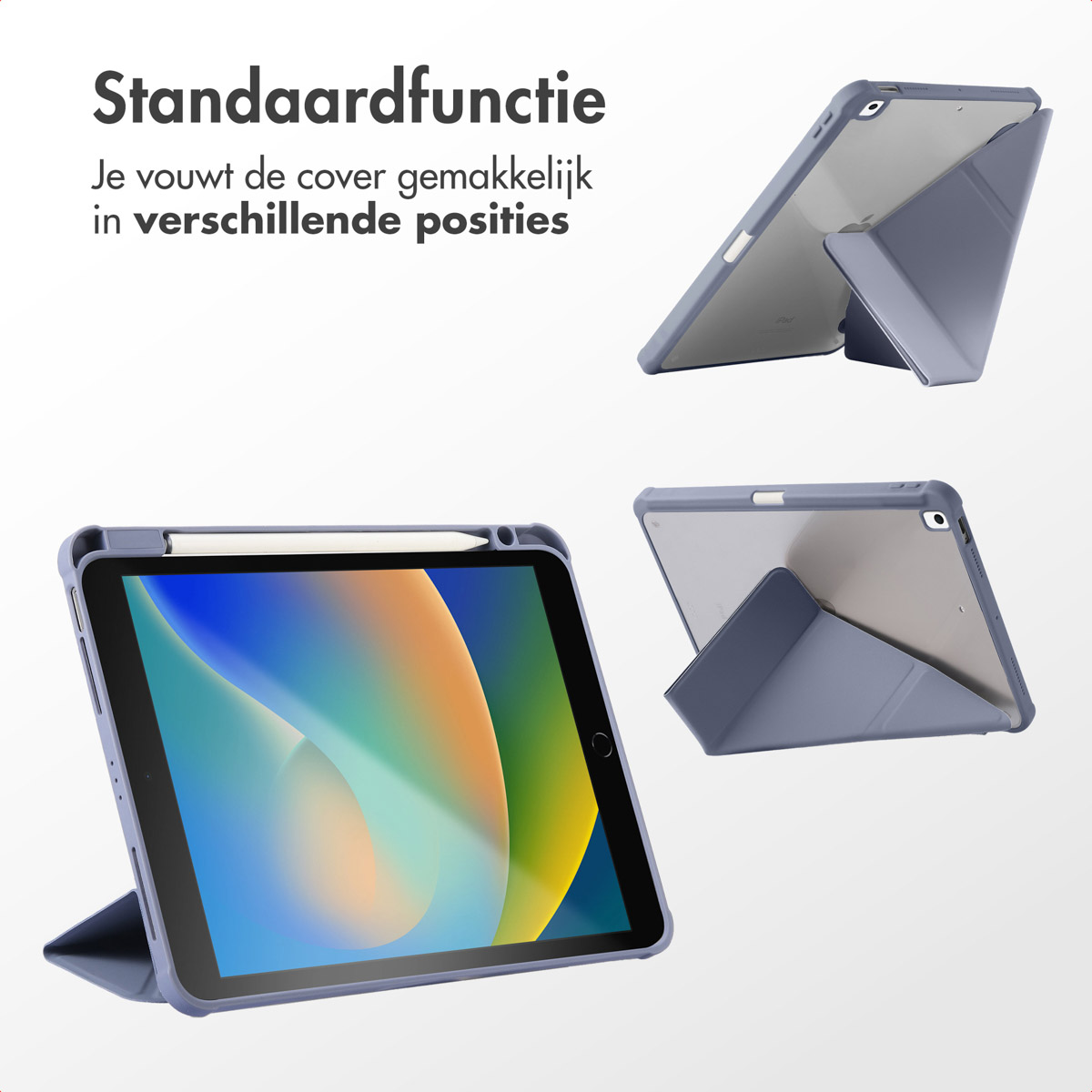 Étui iPad bleu dans différentes positions, avec un emplacement pour stylet et un iPad.