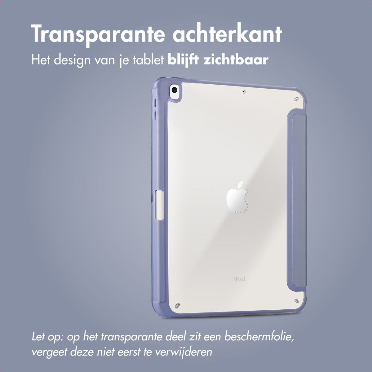 iPad dans un étui bleu, montrant l'arrière et le logo Apple.