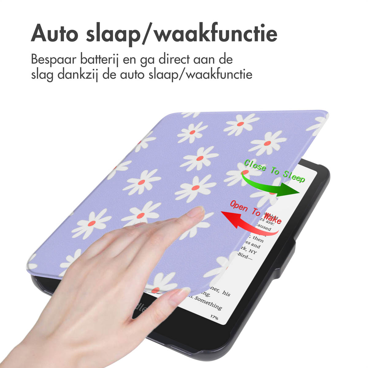 A purple ebook cover with white flowers, open to reveal the screen. Text in Dutch is visible.