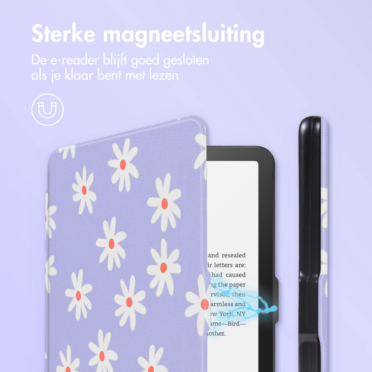 A purple e-reader case with white flower design, showing a magnetic closure.