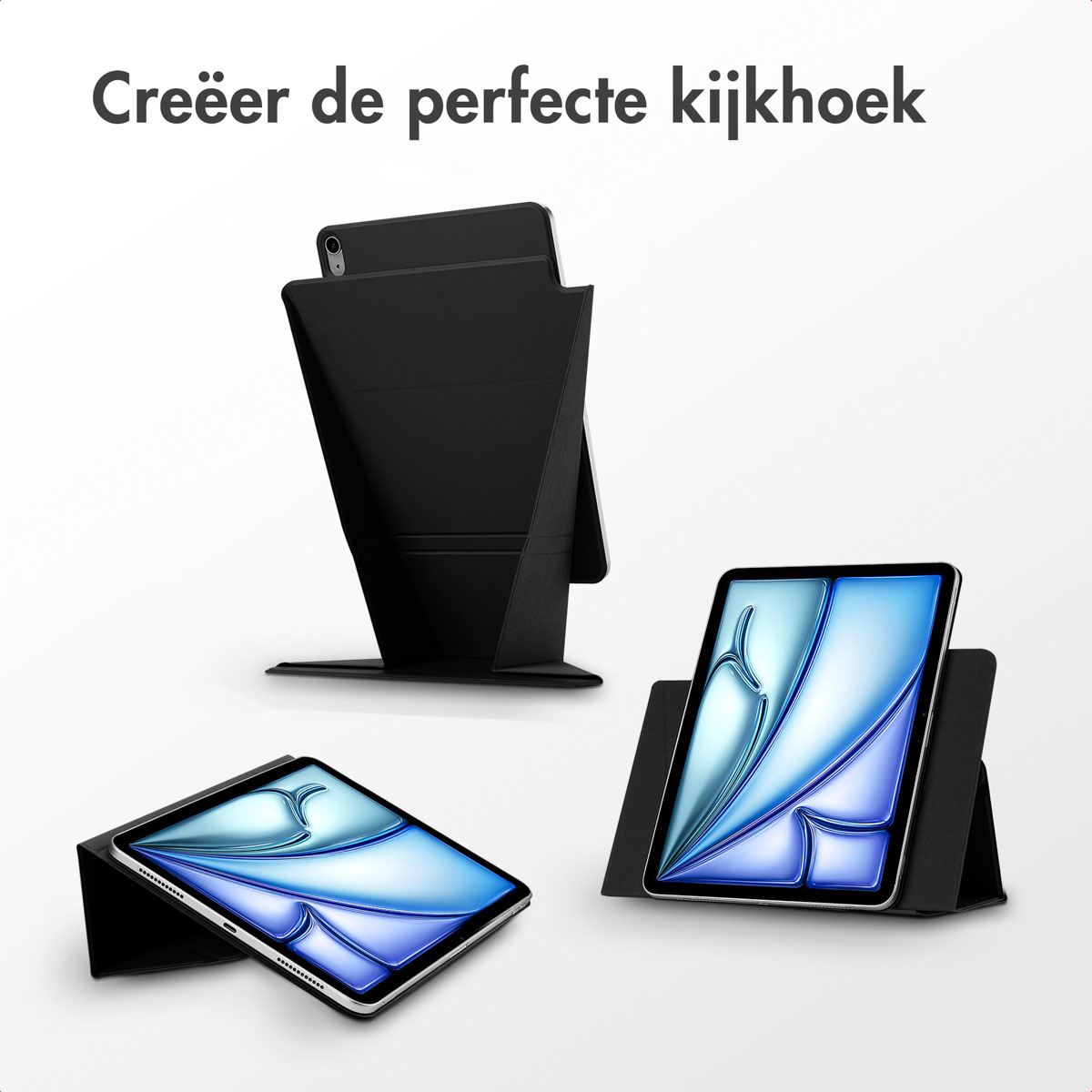 Tablets in black cases, in three different positions against a white background.