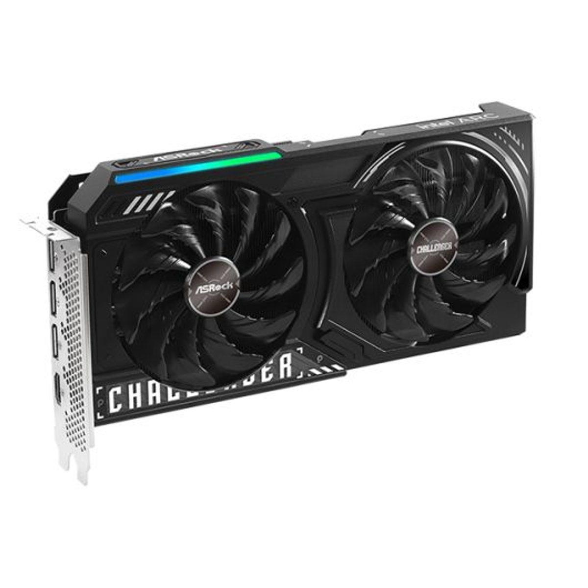 Zbliżenie karty graficznej z dwoma wentylatorami, czarne z kolorowymi światłami.