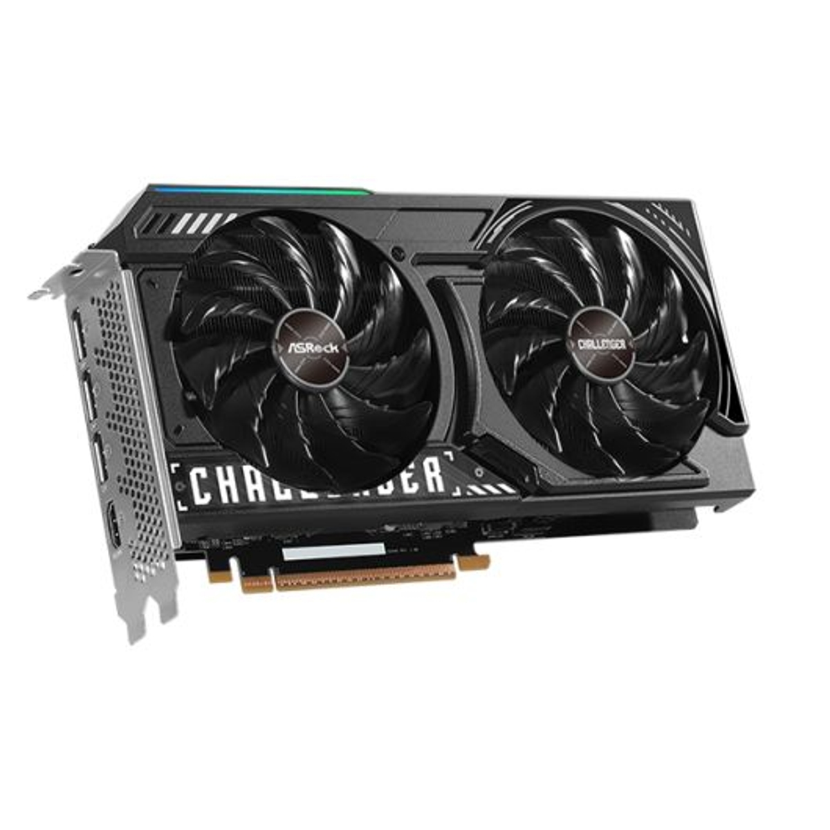 Karta graficzna z dwoma wentylatorami, czarna z białym napisem z boku.