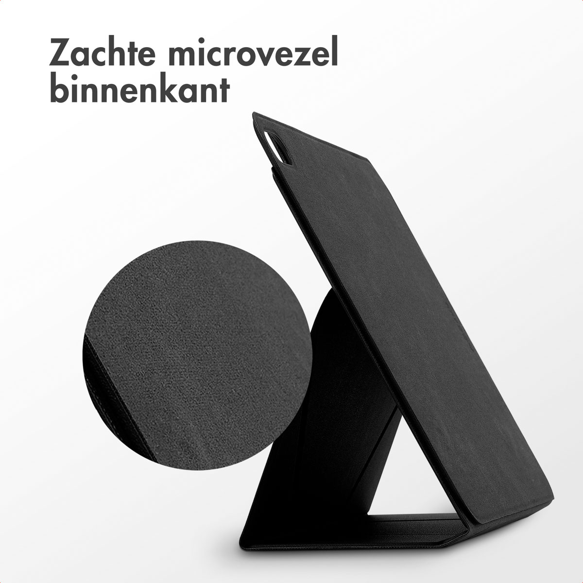 Black tablet case with a close-up of the inner material. The background is white.