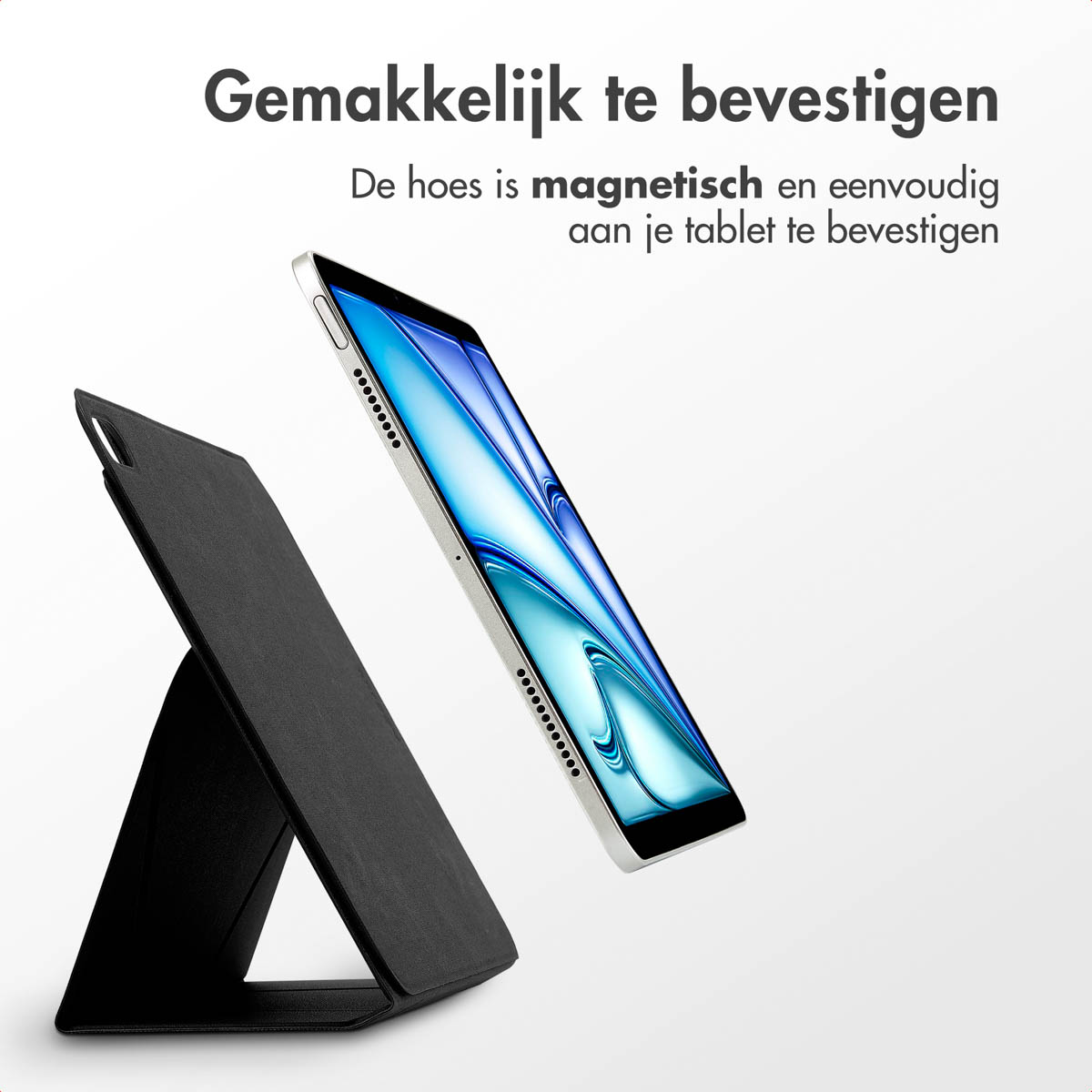 Tablet in a black case, open to a tilted position, with a white background.