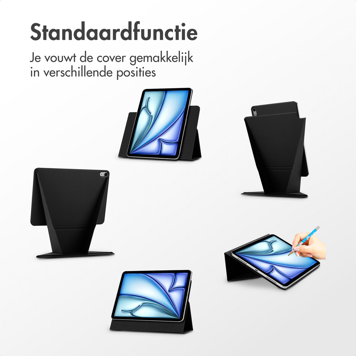 Multiple images of a tablet in different positions, showing a stand function.
