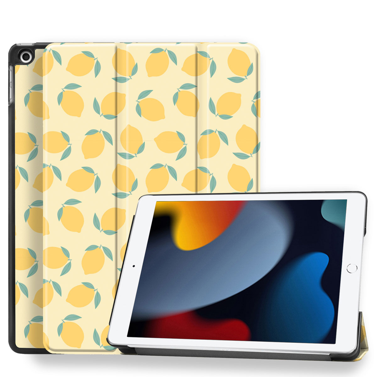 Un étui de tablette avec des citrons dessus et une tablette à l'intérieur.