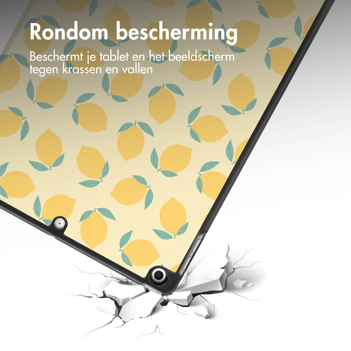 Tablette avec un étui à motif de citron sur le sol, brisant le sol.
