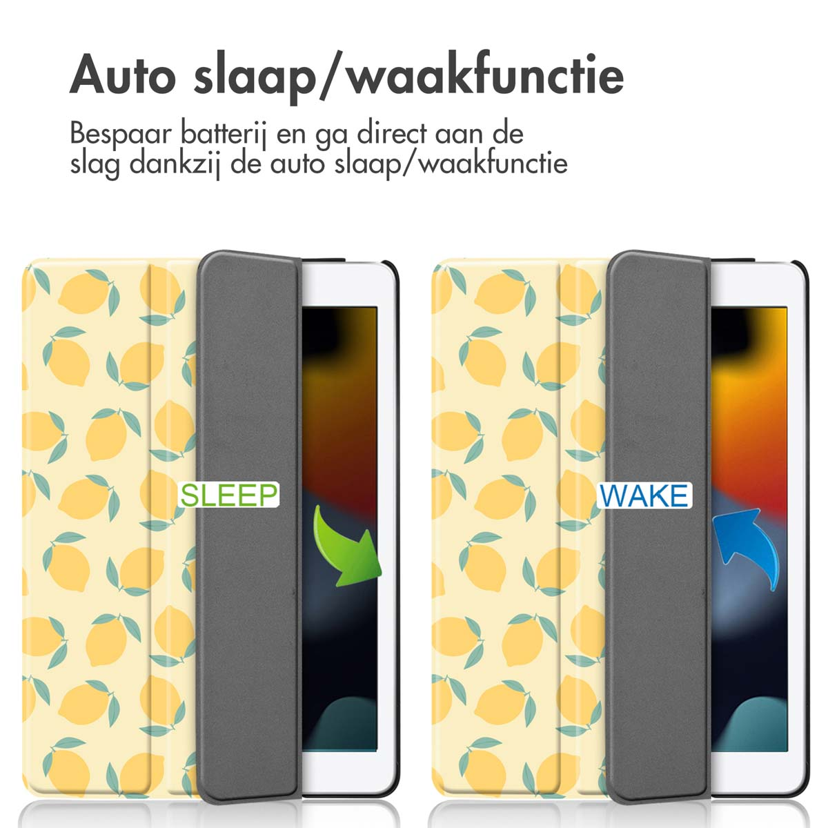Deux étuis de tablette avec des motifs de citron, l'un avec l'étiquette 'SLEEP' et l'autre 'WAKE'.