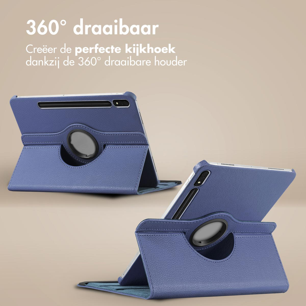 Een blauwe tablethoes met een draaibare standaard, die twee verschillende posities laat zien.