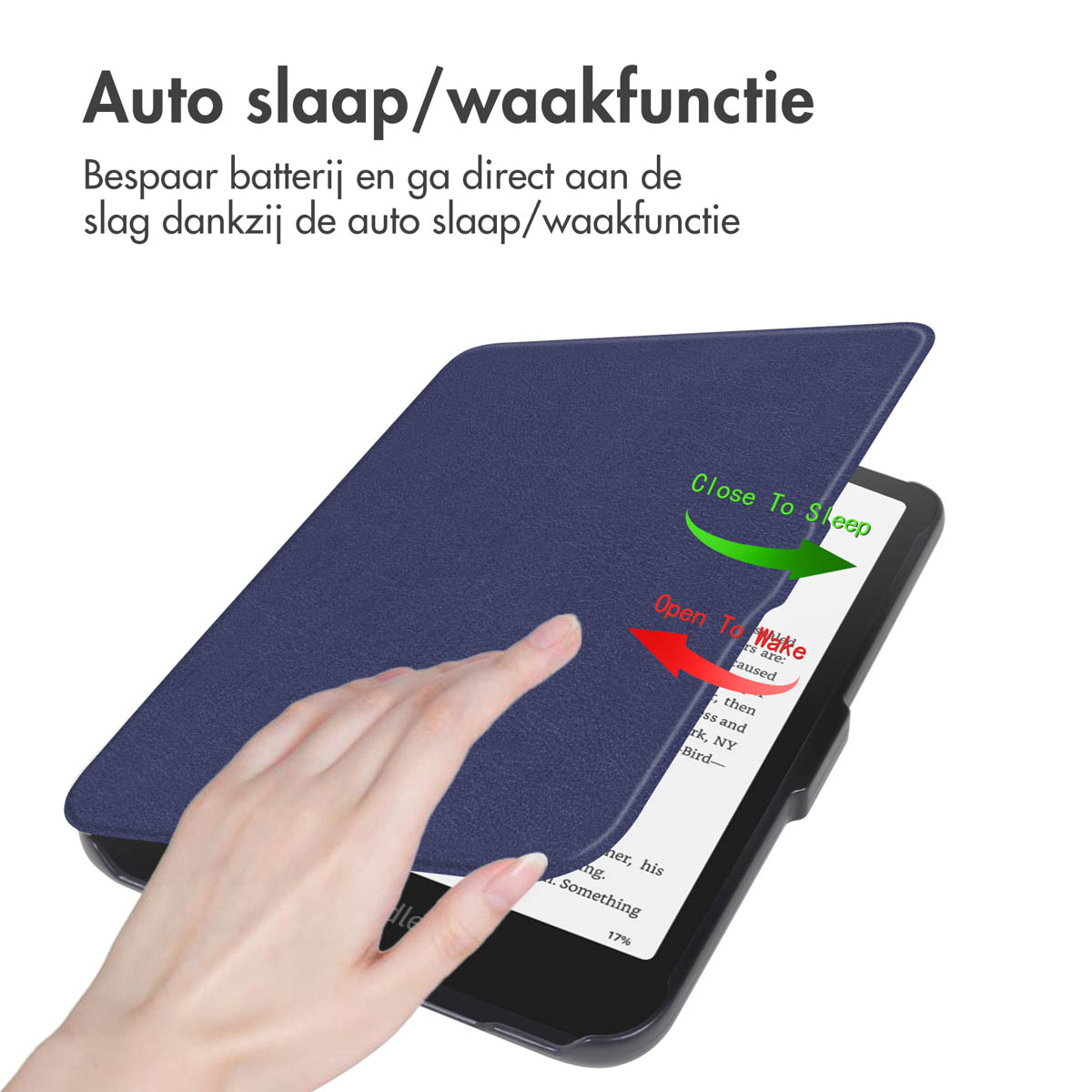 Hand opent blauwe ebook-hoes. Tekst: Automatische slaap/waak-functie.