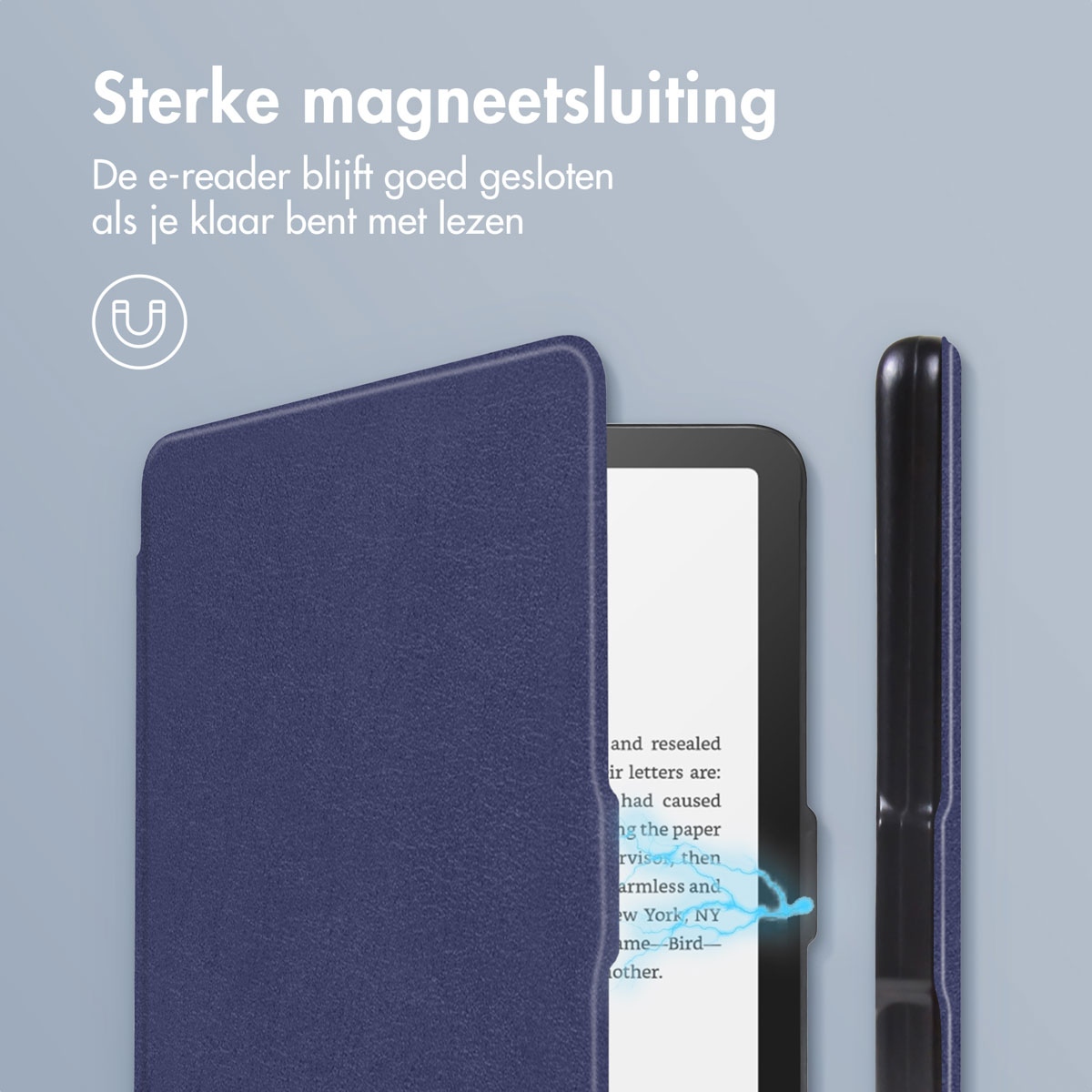 E-reader in marineblauwe hoes. Tekst: Sterke magnetische sluiting. De cover is open.
