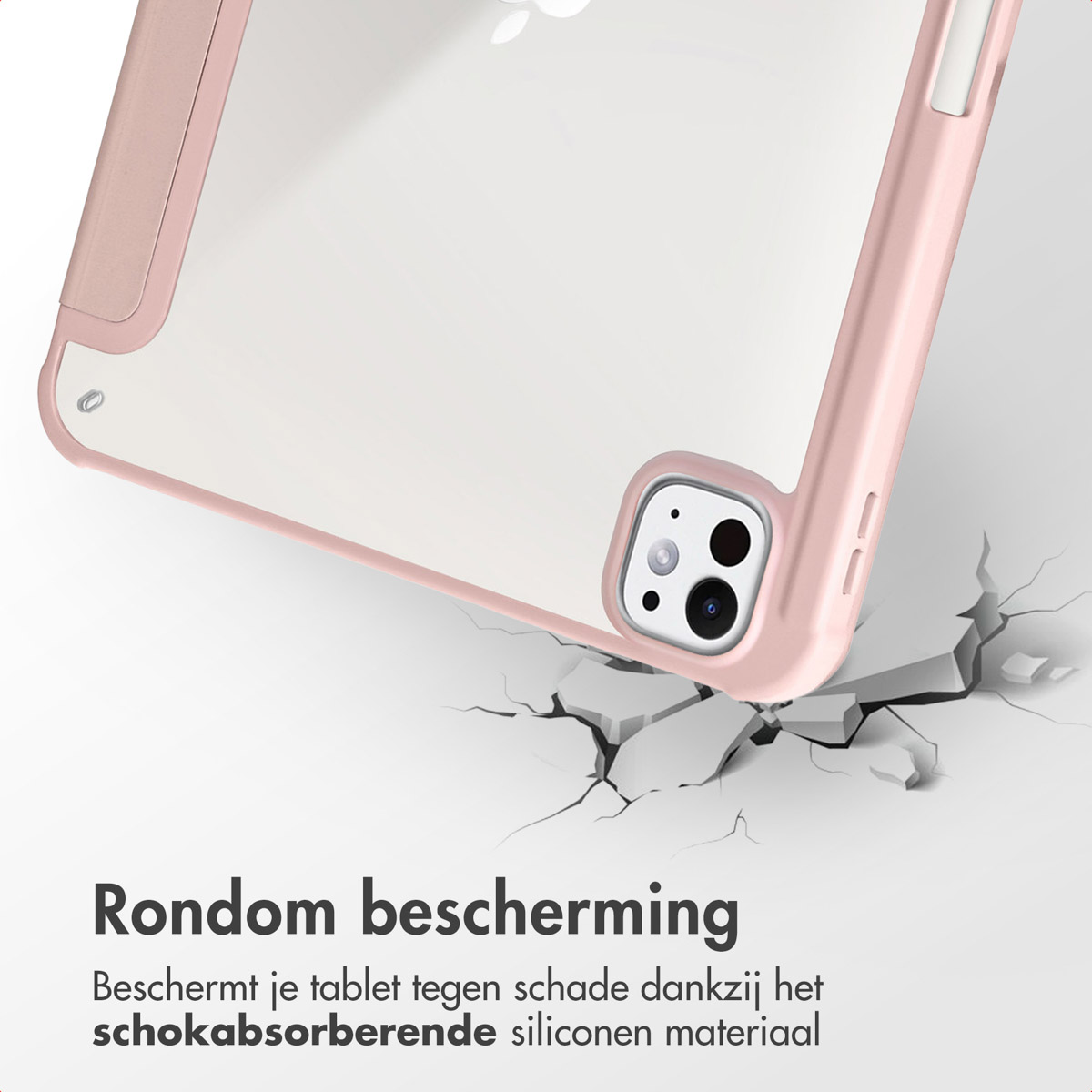 Housse de tablette rose sur une surface fissurée.
